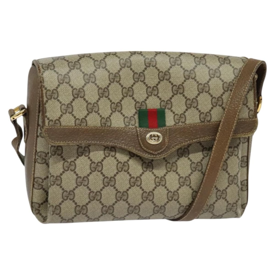 GUCCI GG Supreme Sherry Line Shoulder Bag Beige Gold PVC Auth 904 02 084: GUCCI GG Supreme Sherry Line Shoulder Bag Beige Gold PVC Auth 904 02 084 The GUCCI GG Supreme Web Sherry Line Bag is a stylish shoulder bag crafted from durable PVC leather with a chic beige and gold