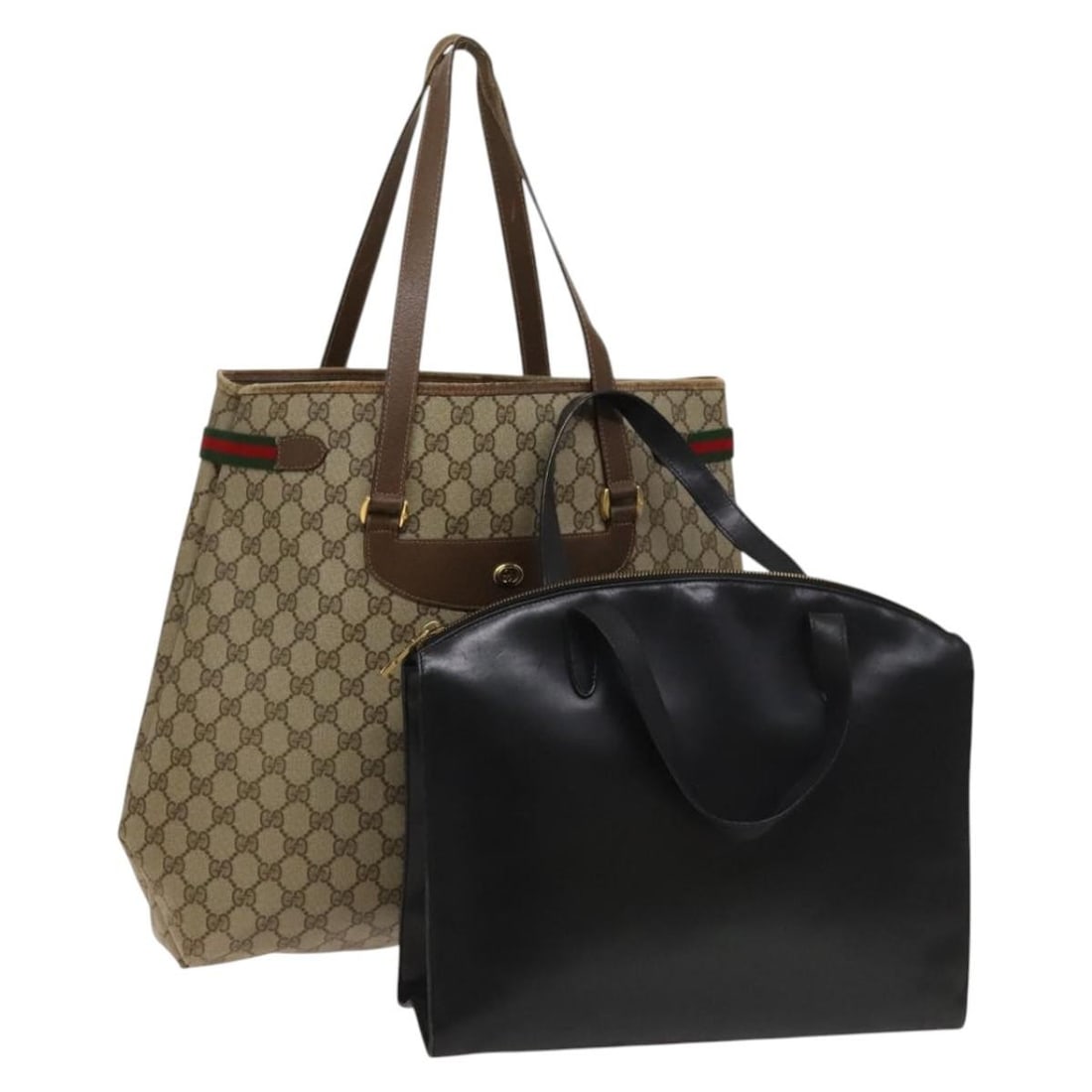 GUCCI Beige Black Gold PVC Leather Tote Bag Set Authentic (1 of 17)