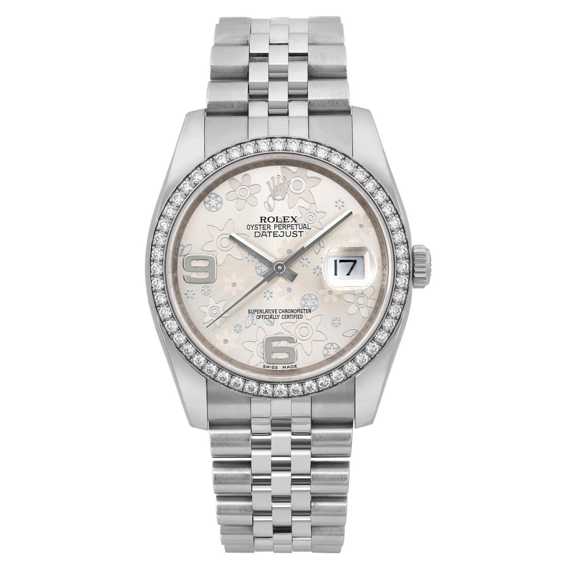 Rolex Datejust 36 Automatic Unisex Floral Dial Watch 116244 with Diamond Bezel: Rolex Datejust 36 Automatic Unisex Floral Dial Watch 116244 with Diamond Bezel Discover the elegance of the Rolex Datejust 36, a unisex automatic wristwatch that embodies luxury and sophistication. Th