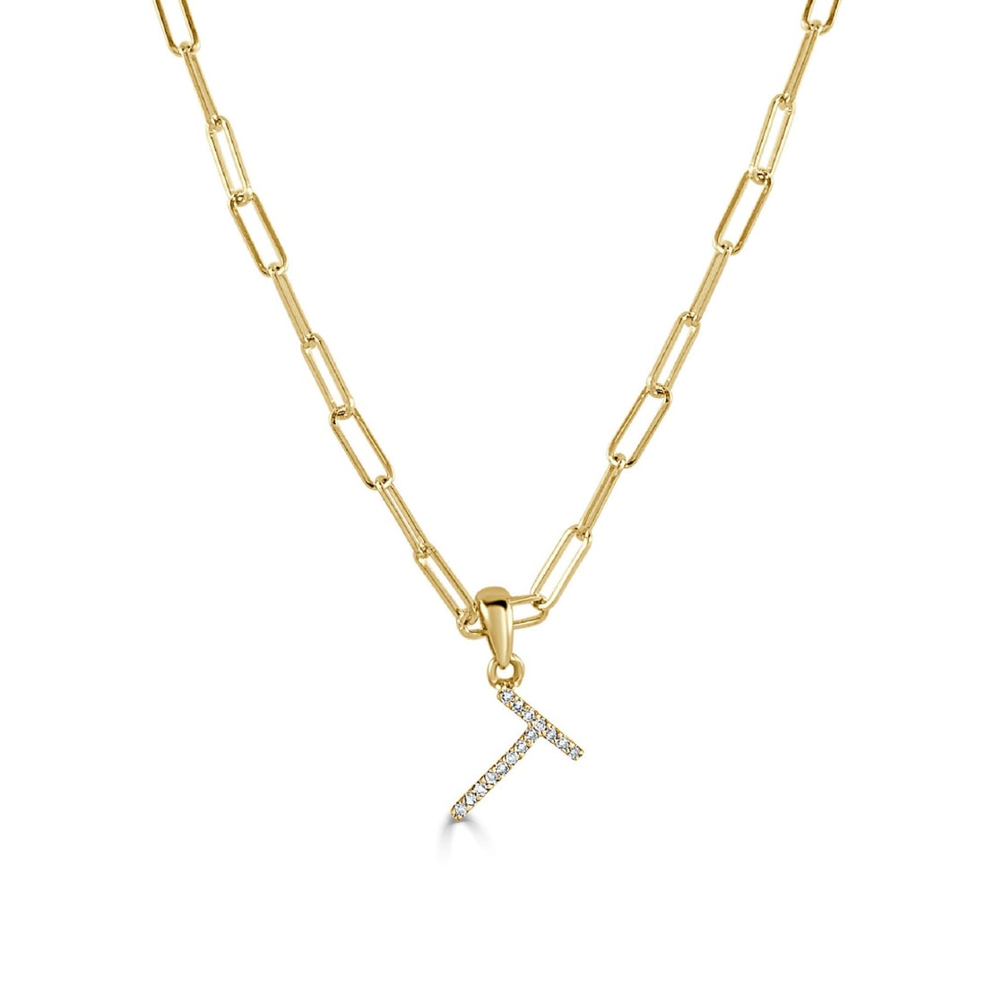 Elegant 14K Yellow Gold Diamond Initial 'T' Necklace: Elegant 14K Yellow Gold Diamond Initial 'T' Necklace Adorn yourself with elegance through this stunning Diamond Paperclip Initial "T" Necklace, crafted in luxurious 14K yellow gold. Featuring a round