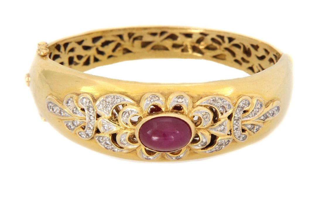 Estate 20k Gold Floral Design Bangle with 5ct Ruby and Diamonds (1 of 6)