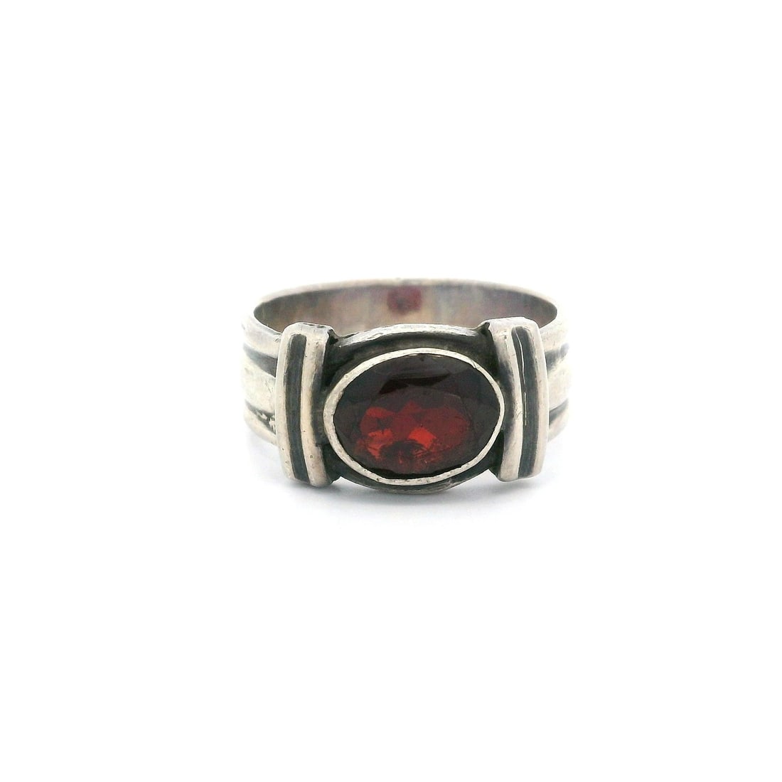 Vintage Sterling Silver Cocktail Ring with Bezel Set Oval Garnet (1 of 4)