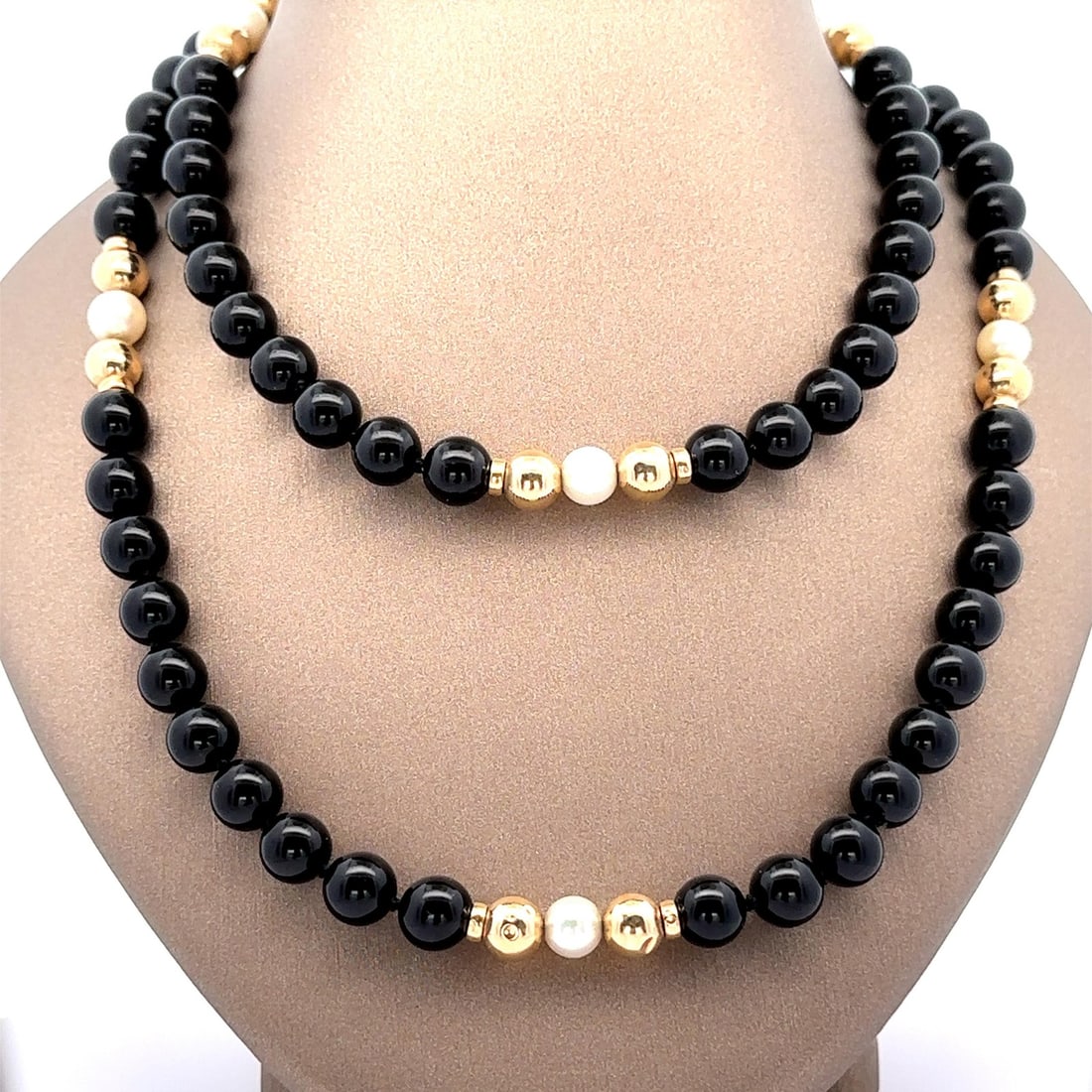 36 Inch Black Onyx Pearl Bead Necklace 14k Yellow Gold Clasp (1 of 4)