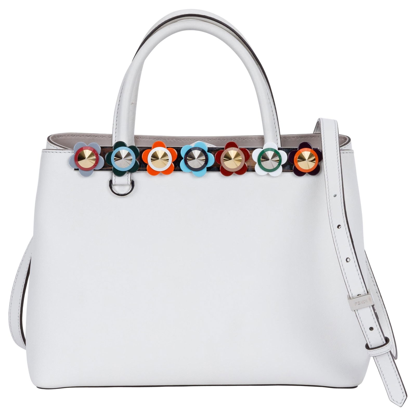Fendi White Leather Handbag with Colorful Flower Accents: Fendi White Leather Handbag with Colorful Flower Accents This exquisite Fendi handbag combines luxury with playful design. Crafted from pristine white leather, it features vibrant colored resin flower