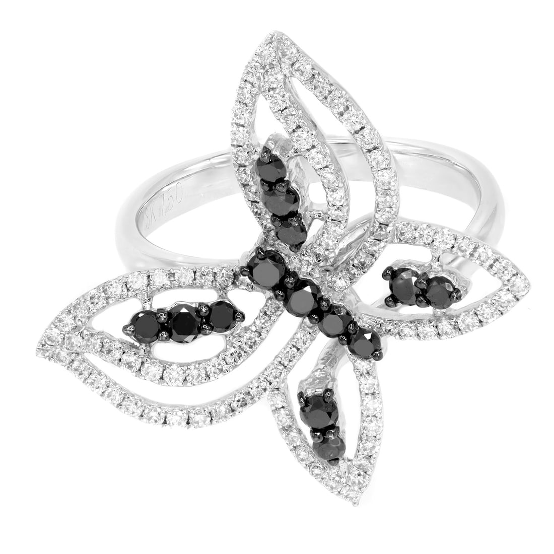 Rachel Koen Butterfly Ring 18K White Gold Black White Diamonds 1.04ctw: Rachel Koen Butterfly Ring 18K White Gold Black White Diamonds 1.04ctw This exquisite butterfly ring by Rachel Koen is a stunning blend of elegance and nature. Crafted from 18K white gold, it features