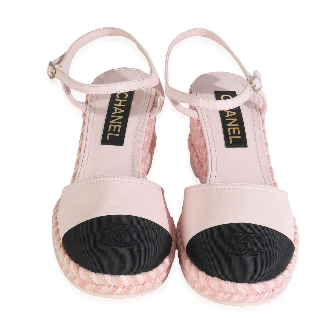 Chanel Pink and Black Lambskin Espadrille Wedge Sneakers Size 40: Chanel Pink and Black Lambskin Espadrille Wedge Sneakers Size 40 These Chanel 23S espadrille wedges feature a pink and black lambskin upper with grosgrain detailing and straw or raffia accents. Design