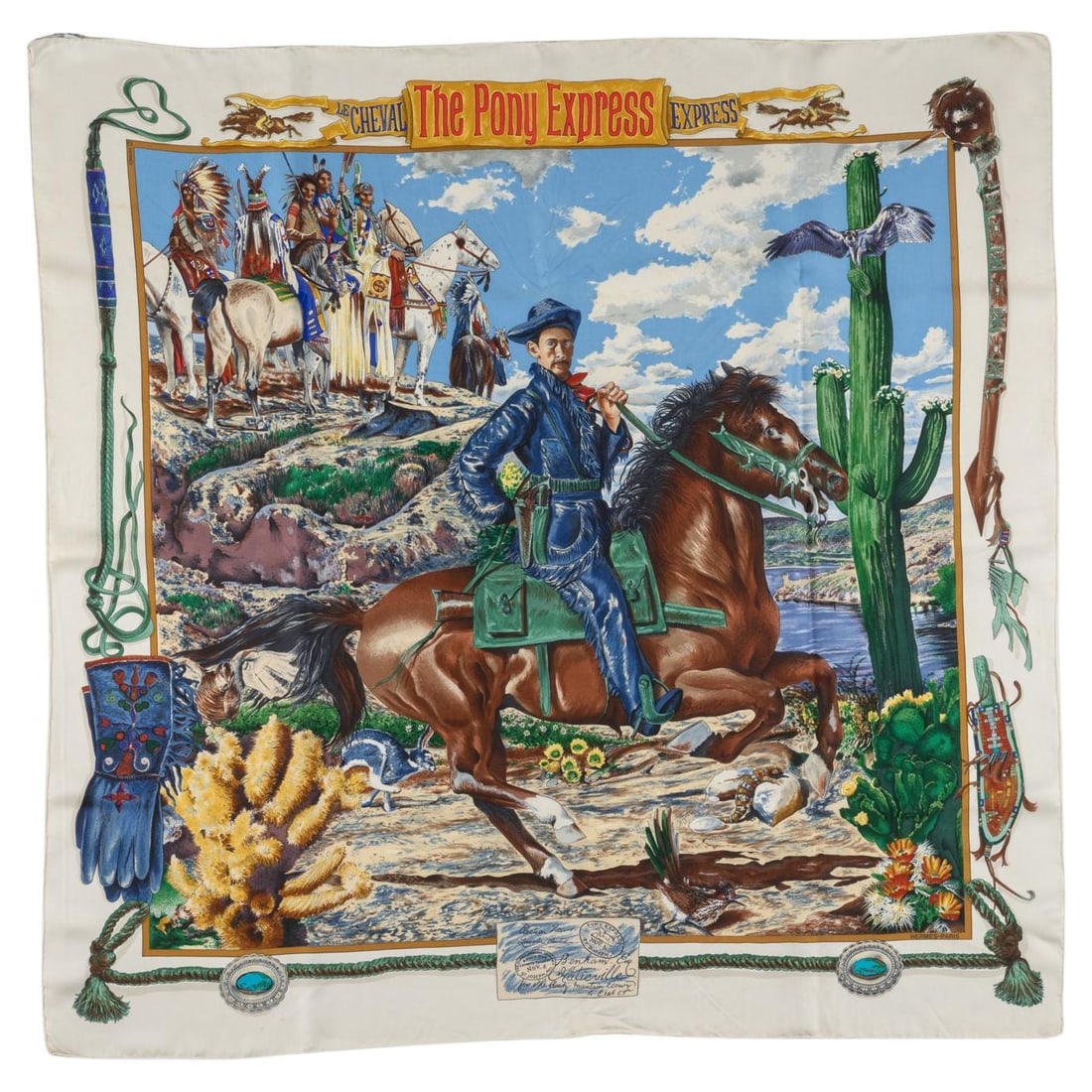 Hermes Pony Express Silk Scarf 35x35 inches Kermit Oliver France: Hermes Pony Express Silk Scarf 35x35 inches Kermit Oliver France Elevate your accessory collection with this exquisite Hermes "Pony Express" scarf, crafted from 100% silk twill. Designed by the renown