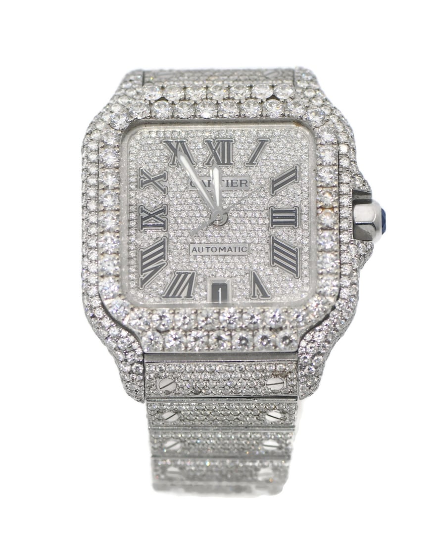 Santos WSSA0030 40mm Stainless Watch With Aftermarket Diamonds: Santos WSSA0030 40mm Stainless Watch With Aftermarket Diamonds This Cartier Santos Large wristwatch features a stainless steel case and band, with a 40 mm case size. It is enhanced with aftermarket di
