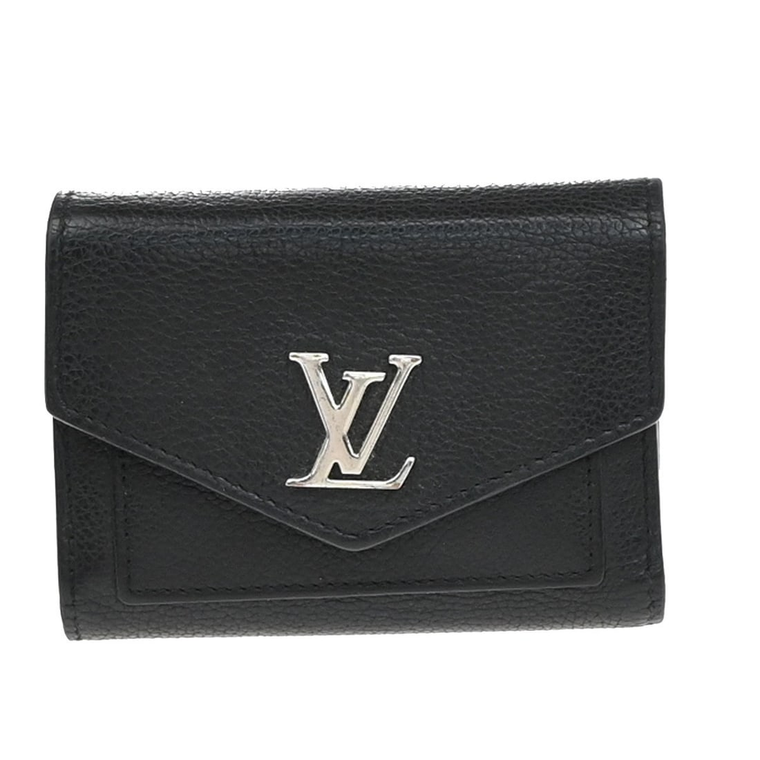 MyLockme Compact Wallet by Louis Vuitton in Black Leather: MyLockme Compact Wallet by Louis Vuitton in Black Leather This pre-owned Louis Vuitton MyLockme Compact Wallet in black is designed for women and features noticeable signs of use, including scuffs, di