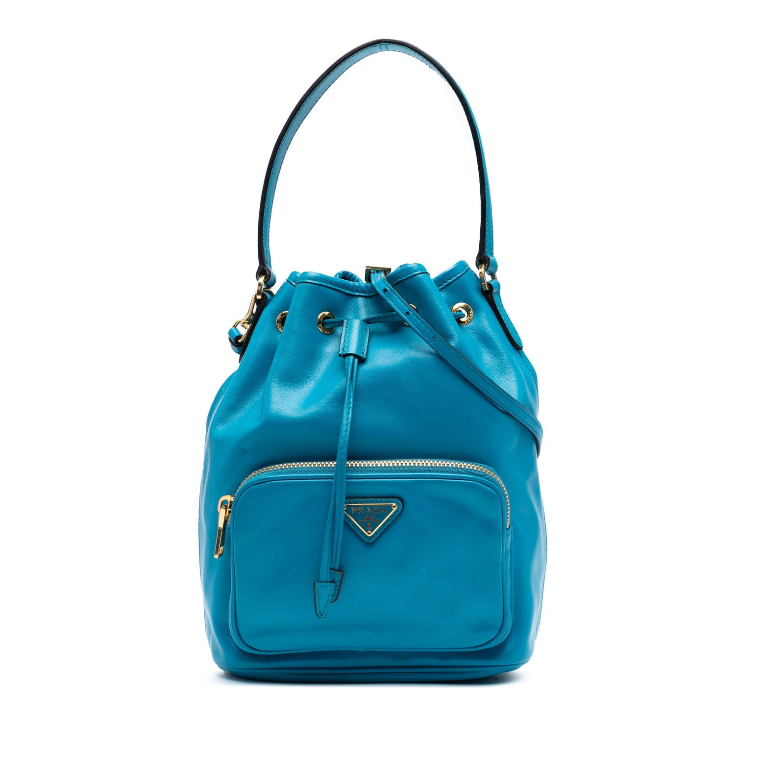 Prada Mini Soft Calf Leather Drawstring Bucket Bag Blue (1 of 6)