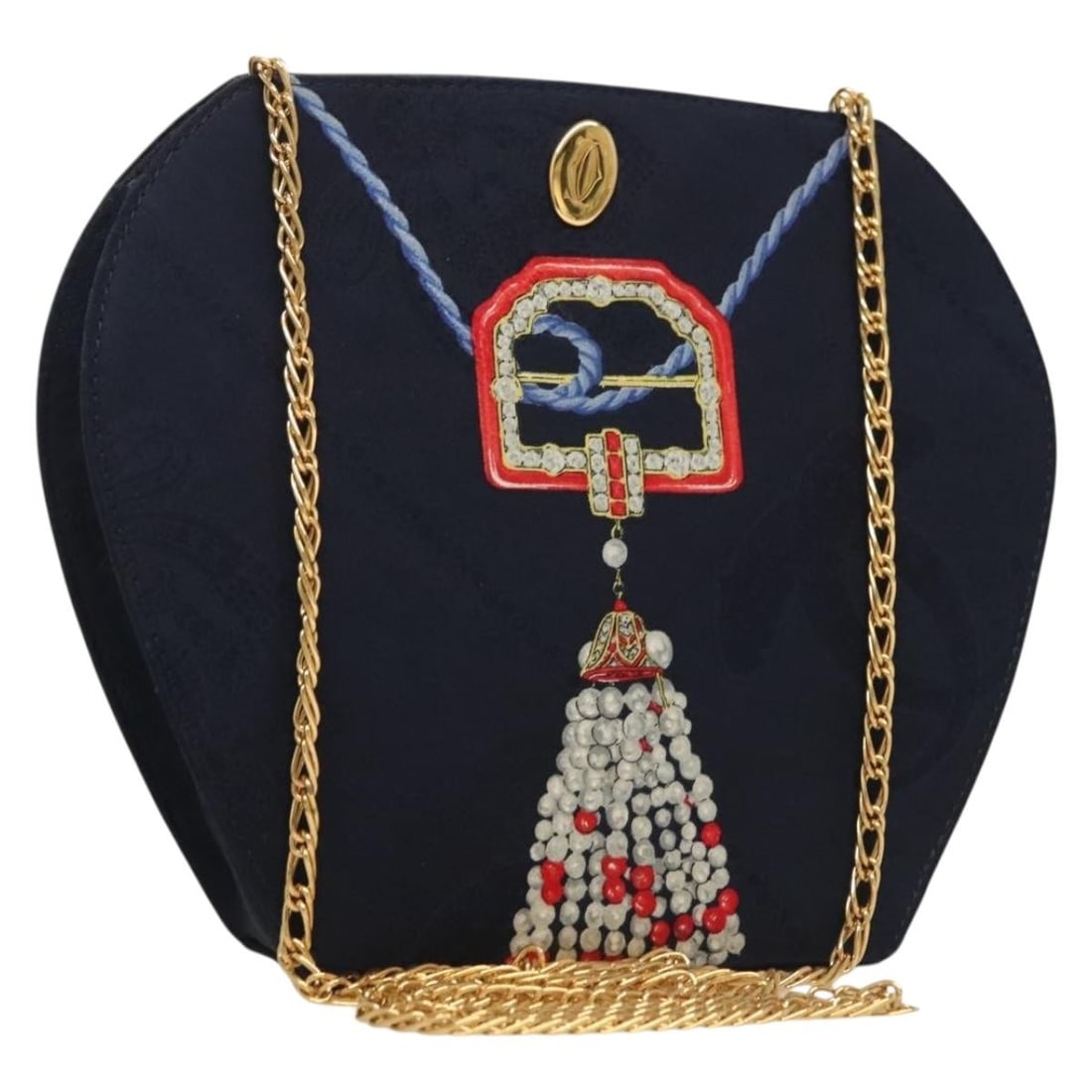 CARTIER Cotton Shoulder Bag Navy Gold Made in France: CARTIER Cotton Shoulder Bag Navy Gold Made in France This authentic CARTIER shoulder bag is a stylish blend of navy cotton with gold accents, making it a versatile addition to your accessory collectio