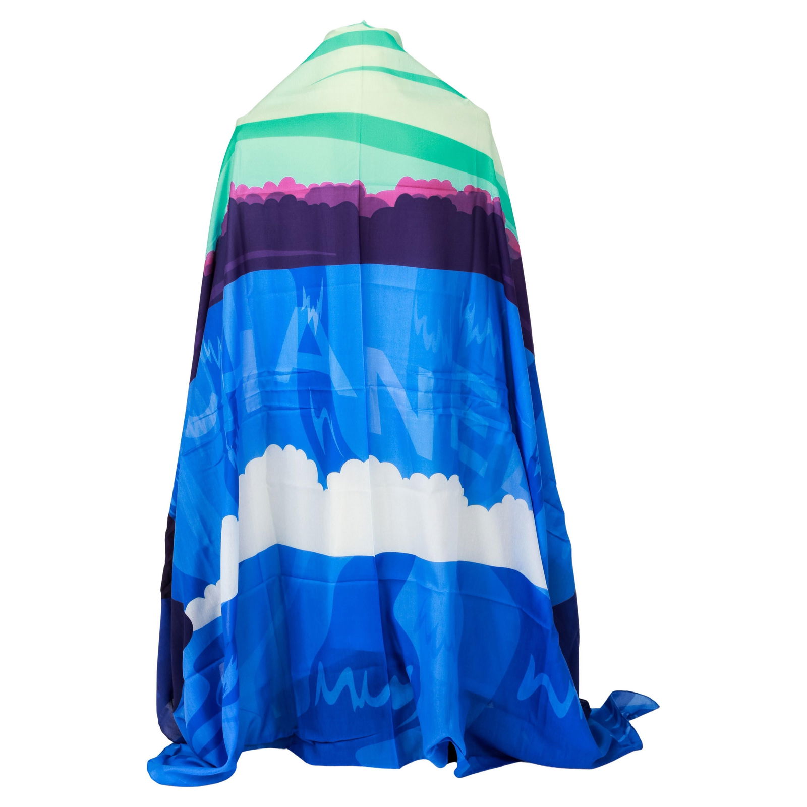 Chanel Blue Clouds Oversized Sarong 76in with Pouch: Chanel Blue Clouds Oversized Sarong 76in with Pouch Elevate your style with this exquisite Chanel Blue Clouds Sarong. This brand new, oversized sarong features a stunning design of blue clouds set aga