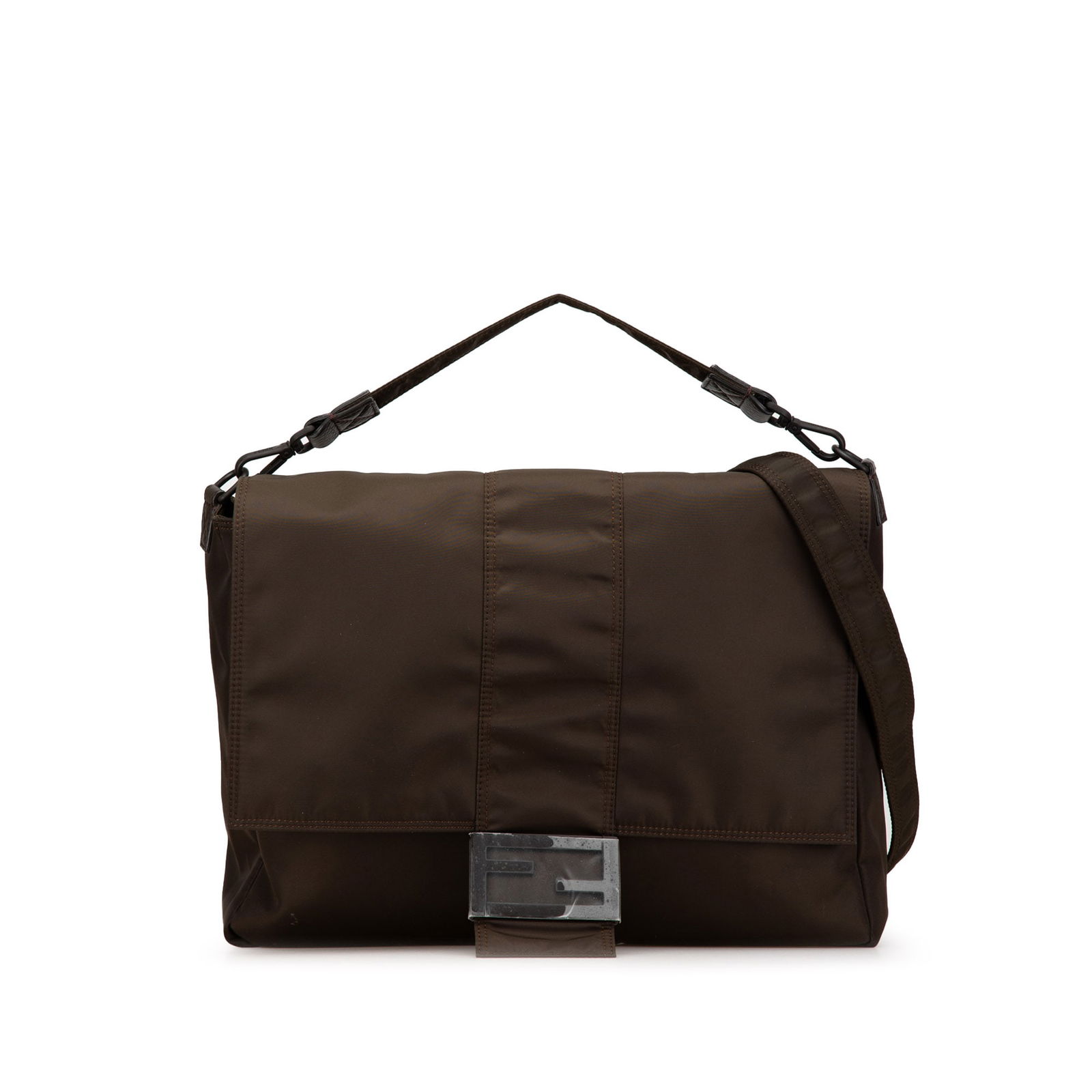 Fendi Large Brown Econyl Nylon Baguette Satchel with Dust Bag: Fendi Large Brown Econyl Nylon Baguette Satchel with Dust Bag This Fendi Large Econyl Nylon Baguette Satchel is crafted from durable nylon, featuring a stylish flat top handle and an adjustable flat s