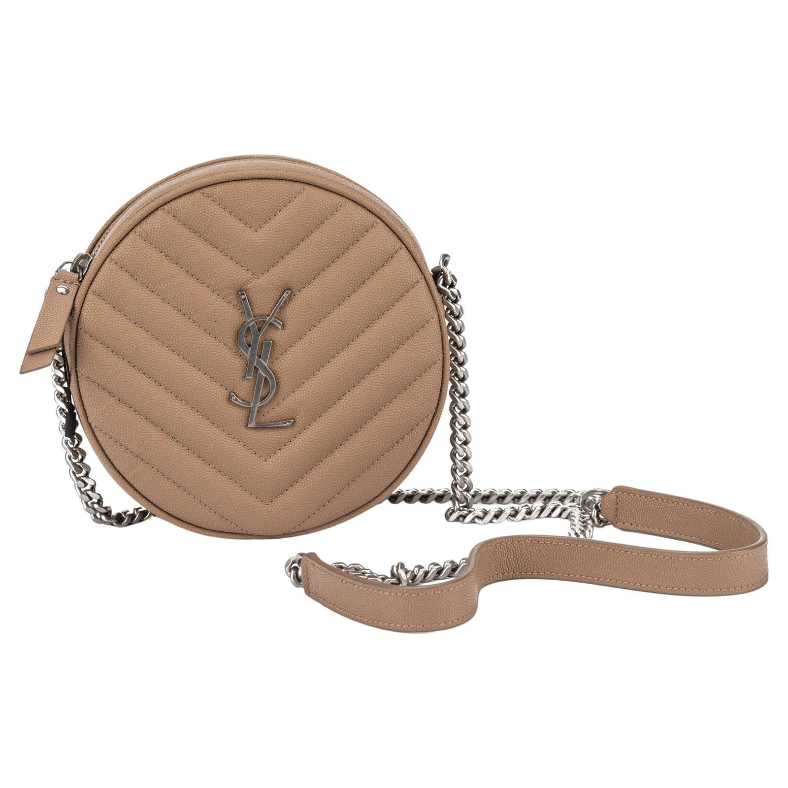 YSL Beige Caviar Round Camera Bag with Silver Hardware: YSL Beige Caviar Round Camera Bag with Silver Hardware This elegant round camera bag from Yves Saint Laurent is crafted from luxurious beige caviar leather and features a chic silver tone hardware. Th