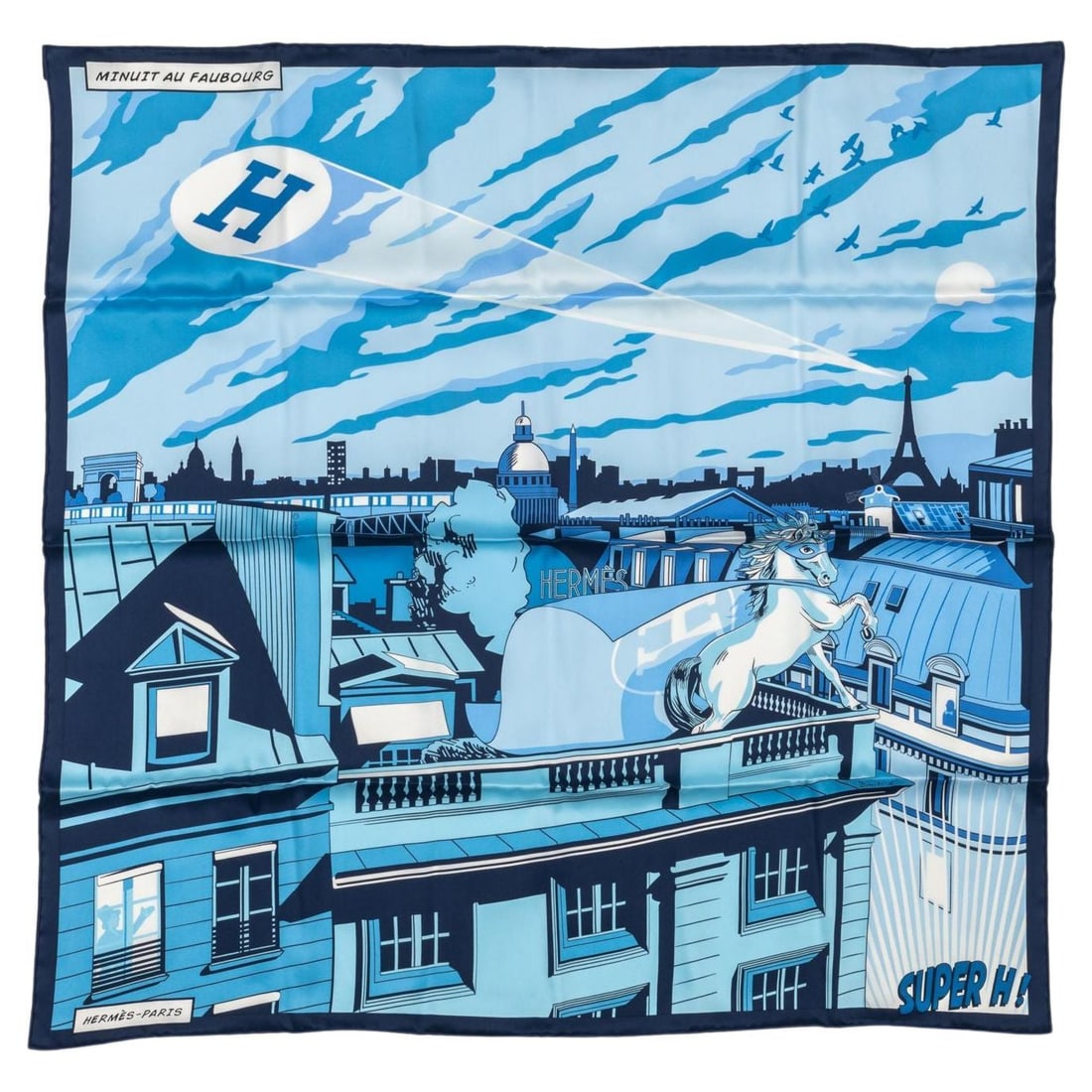 Hermes Minuit au Faubourg Silk Scarf Paris Design 24 x 26.5: Hermes Minuit au Faubourg Silk Scarf Paris Design 24 x 26.5 Introducing the exquisite Hermes "Minuit au Faubourg" Silk Scarf, a stunning tribute to the charm of Paris. This elegantly designed scarf fe