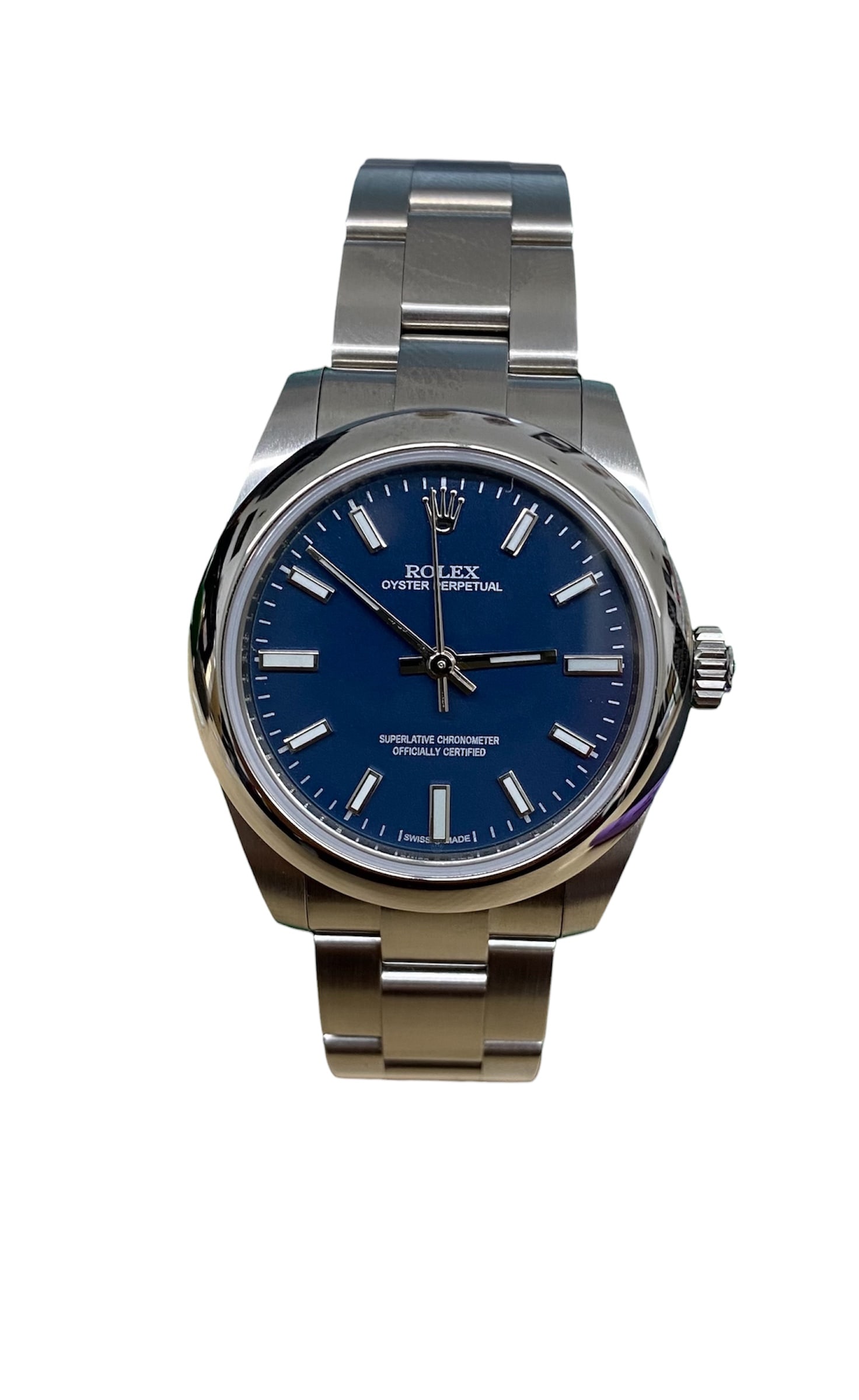 Ladies Oyster Perpetual Watch Blue Stick Dial Ref 177200: Ladies Oyster Perpetual Watch Blue Stick Dial Ref 177200 This Rolex Oyster Perpetual features a white dial, smooth bezel, and classic Oyster bracelet. Designed for ladies, it is identified by referenc