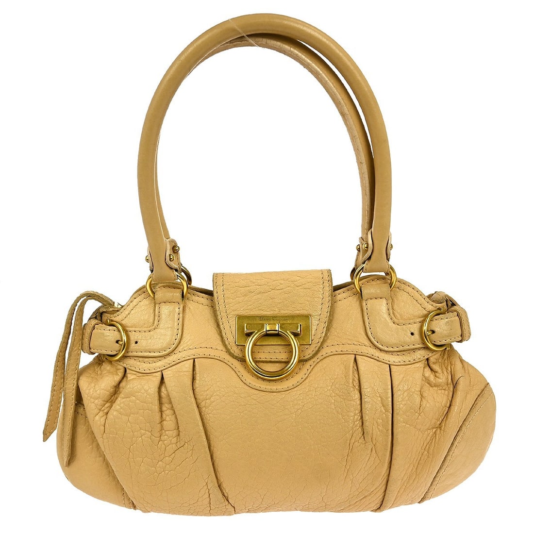 Salvatore Ferragamo Gancini Beige Leather Top Handle Handbag: Salvatore Ferragamo Gancini Beige Leather Top Handle Handbag This stylish Salvatore Ferragamo Gancini Handbag is designed in a chic beige leather, making it a versatile accessory for various occasions