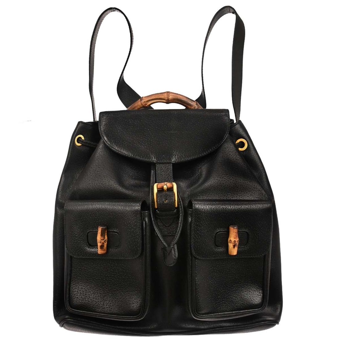 Large Gucci Bamboo Leather Backpack in Black with Top Handle and Buckle Closure: Large Gucci Bamboo Leather Backpack in Black with Top Handle and Buckle Closure This Gucci Bamboo Backpack features a black pigskin leather exterior accented with bamboo details. It includes a top han