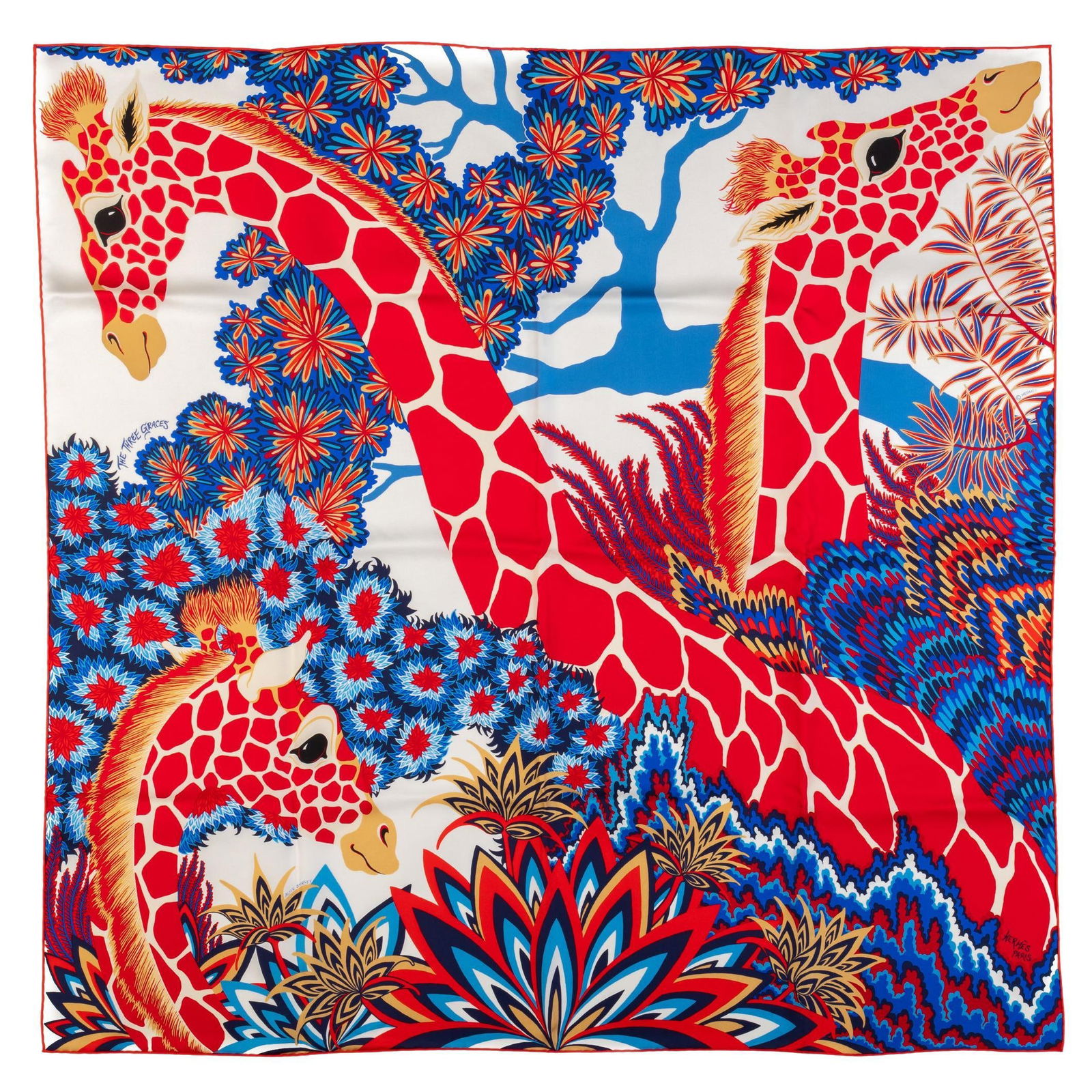 Hermes Three Graces Silk Scarf Red Blue 35 in NIB with Box: Hermes Three Graces Silk Scarf Red Blue 35 in NIB with Box Elevate your accessory collection with this exquisite Hermes Three Graces scarf. Crafted from luxurious silk, this vibrant piece features a s