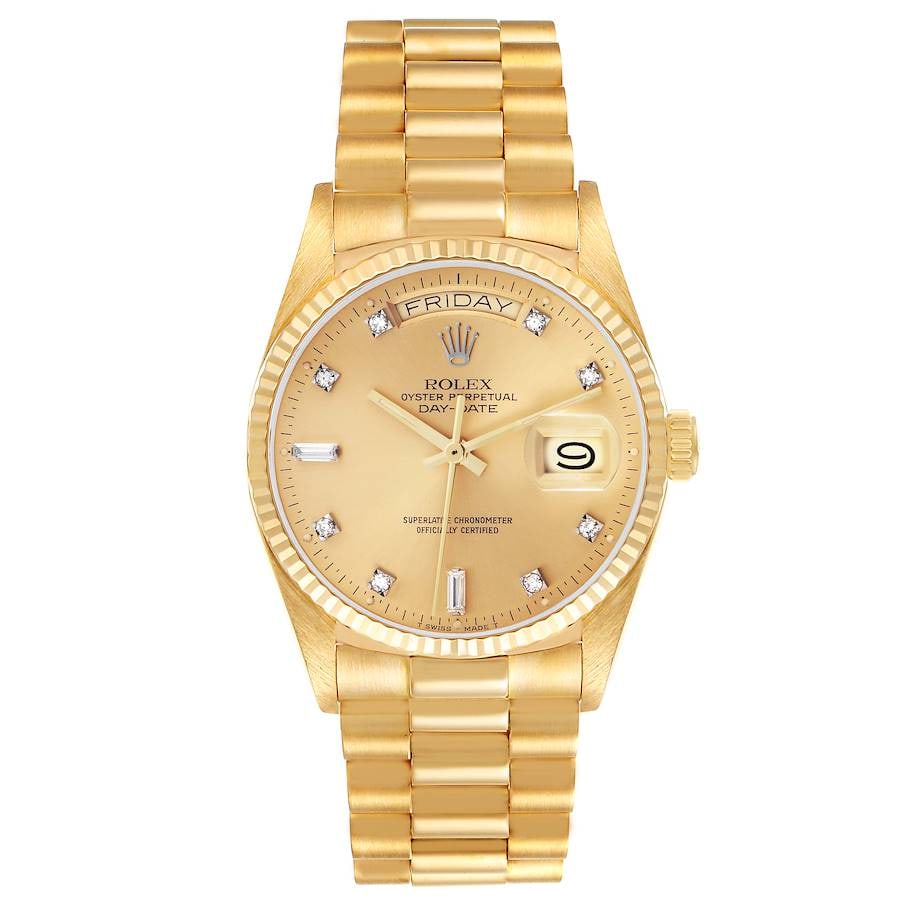 Day-Date Ref 18038 Watch with Champagne Diamond Dial and President Style Bracelet: Day-Date Ref 18038 Watch with Champagne Diamond Dial and President Style Bracelet This is a men's Rolex Day-Date watch featuring a champagne diamond dial and a fluted bezel. The timepiece comes with a