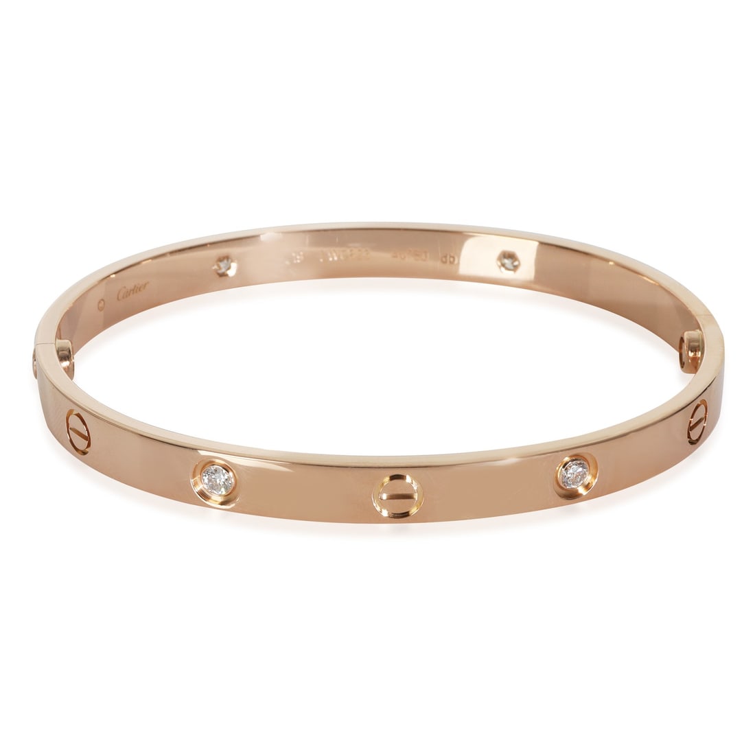 Love Collection 18k Rose Gold Bracelet with Diamonds by Cartier 19 cm: Love Collection 18k Rose Gold Bracelet with Diamonds by Cartier 19 cm This Cartier Love bracelet is crafted from 18k rose gold and features four round brilliant-cut white diamonds with a total carat w
