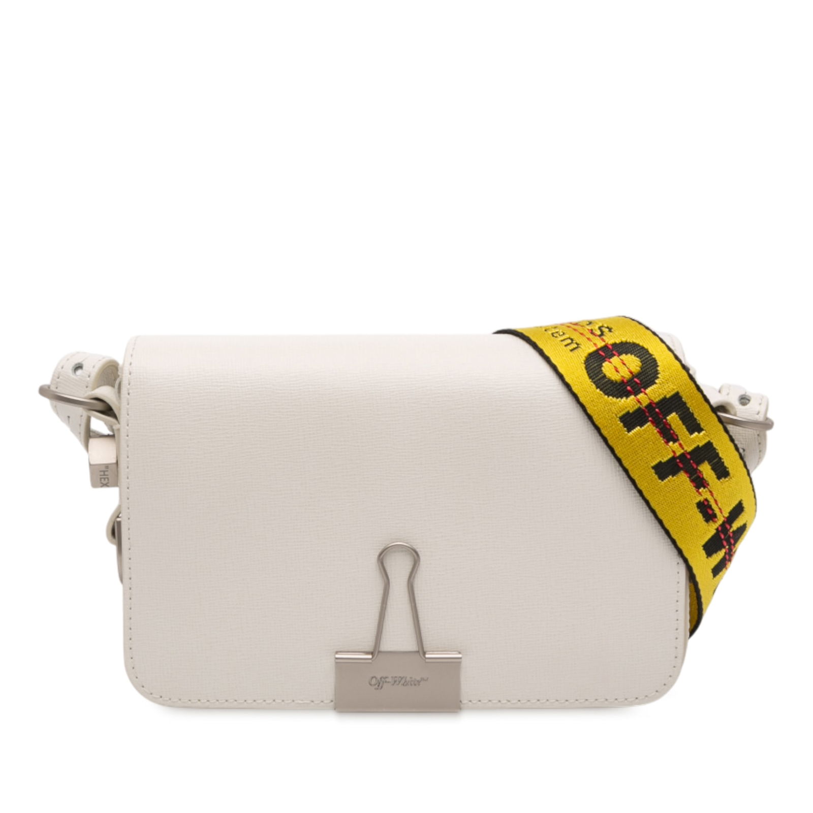 Mini Binder Clip Flap Crossbody by Off-White in Leather: Mini Binder Clip Flap Crossbody by Off-White in Leather The Off-White Mini Leather Binder Clip Flap Bag is a compact crossbody bag crafted from white leather. It features a flat canvas strap, a front