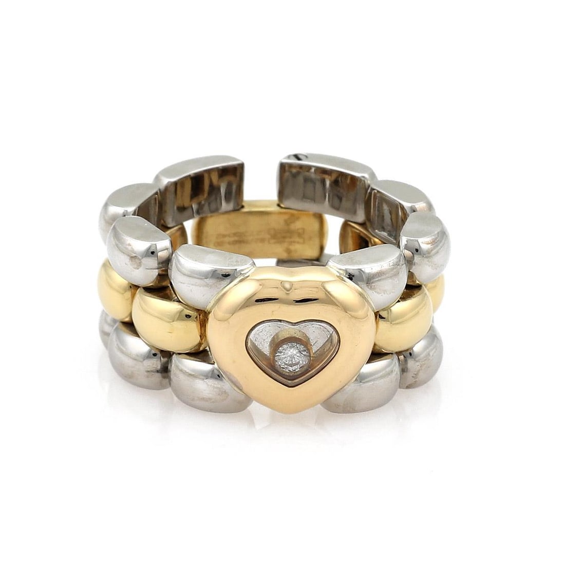 Chopard Happy Diamonds 18k Gold Steel Heart Ring with Floating Diamond: Chopard Happy Diamonds 18k Gold Steel Heart Ring with Floating Diamond This exquisite Chopard Happy Diamond ring showcases a stunning heart design, expertly crafted from 18k yellow gold and stainless