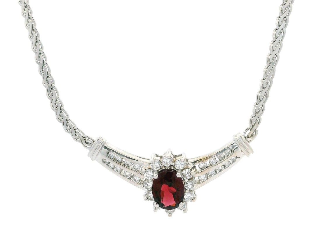 Elegant 13k White Gold Garnet Diamond V Pendant Necklace (1 of 8)