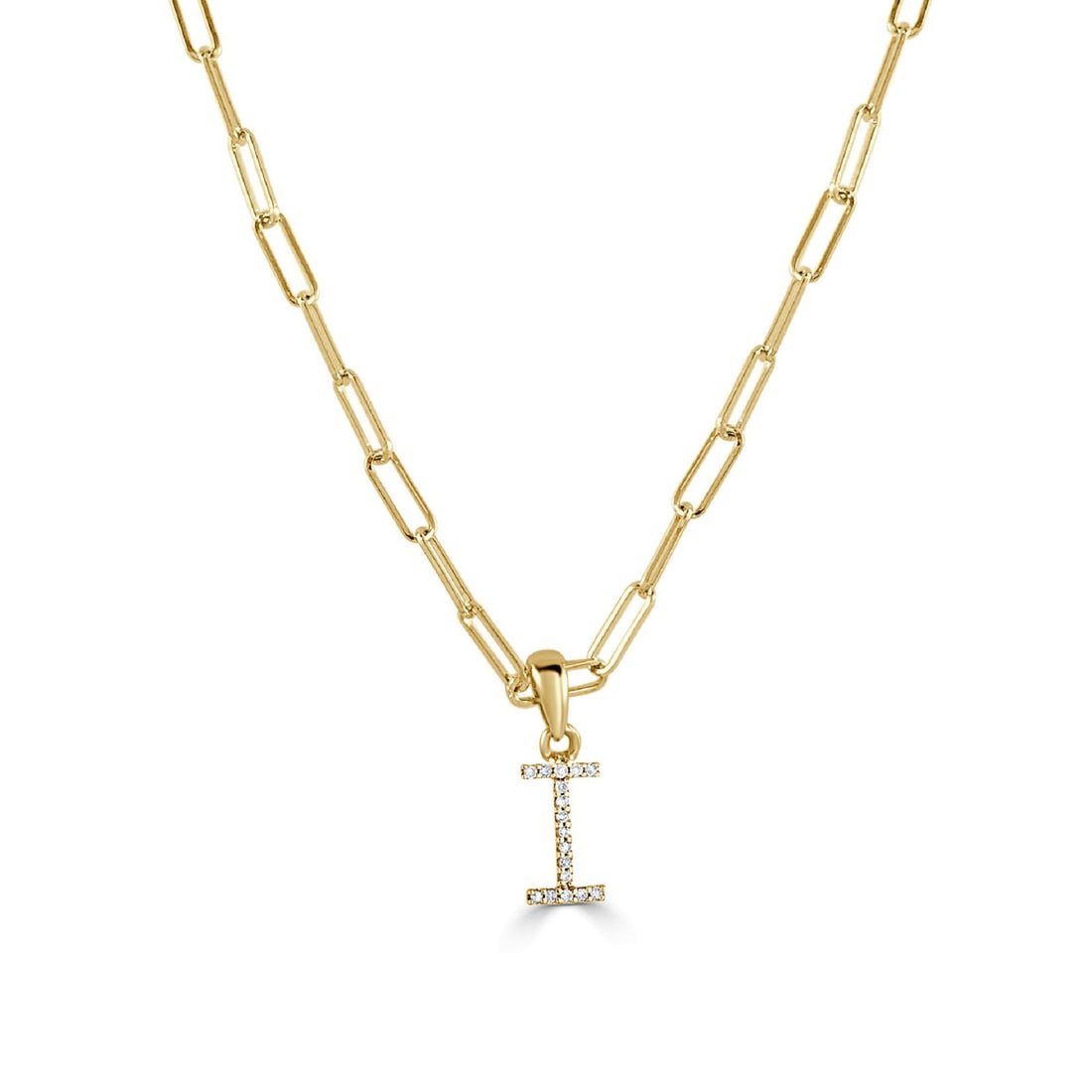 14K Yellow Gold Initial I Necklace with Diamond Pendant: 14K Yellow Gold Initial I Necklace with Diamond Pendant This exquisite Diamond Paperclip Initial "I" Necklace is crafted from 14K yellow gold, showcasing a round pendant elegantly adorned with a spark