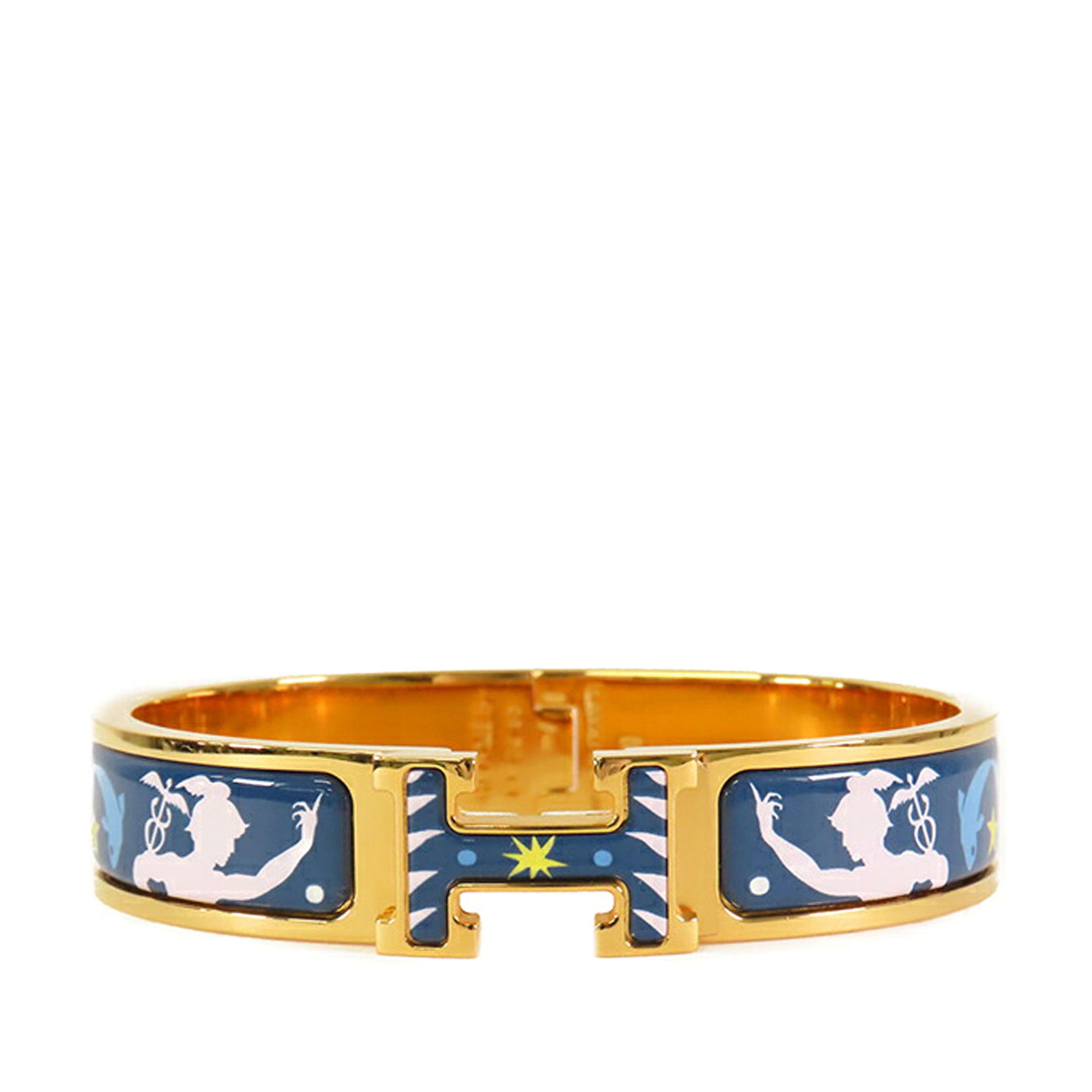 Hermes Narrow Enamel Sous le Charm d Orphee Clic H Bracelet Blue: Hermes Narrow Enamel Sous le Charm d Orphee Clic H Bracelet Blue This exquisite bracelet showcases a vibrant blue enamel print complemented by a gold-tone metal body. It's designed with a secure clasp