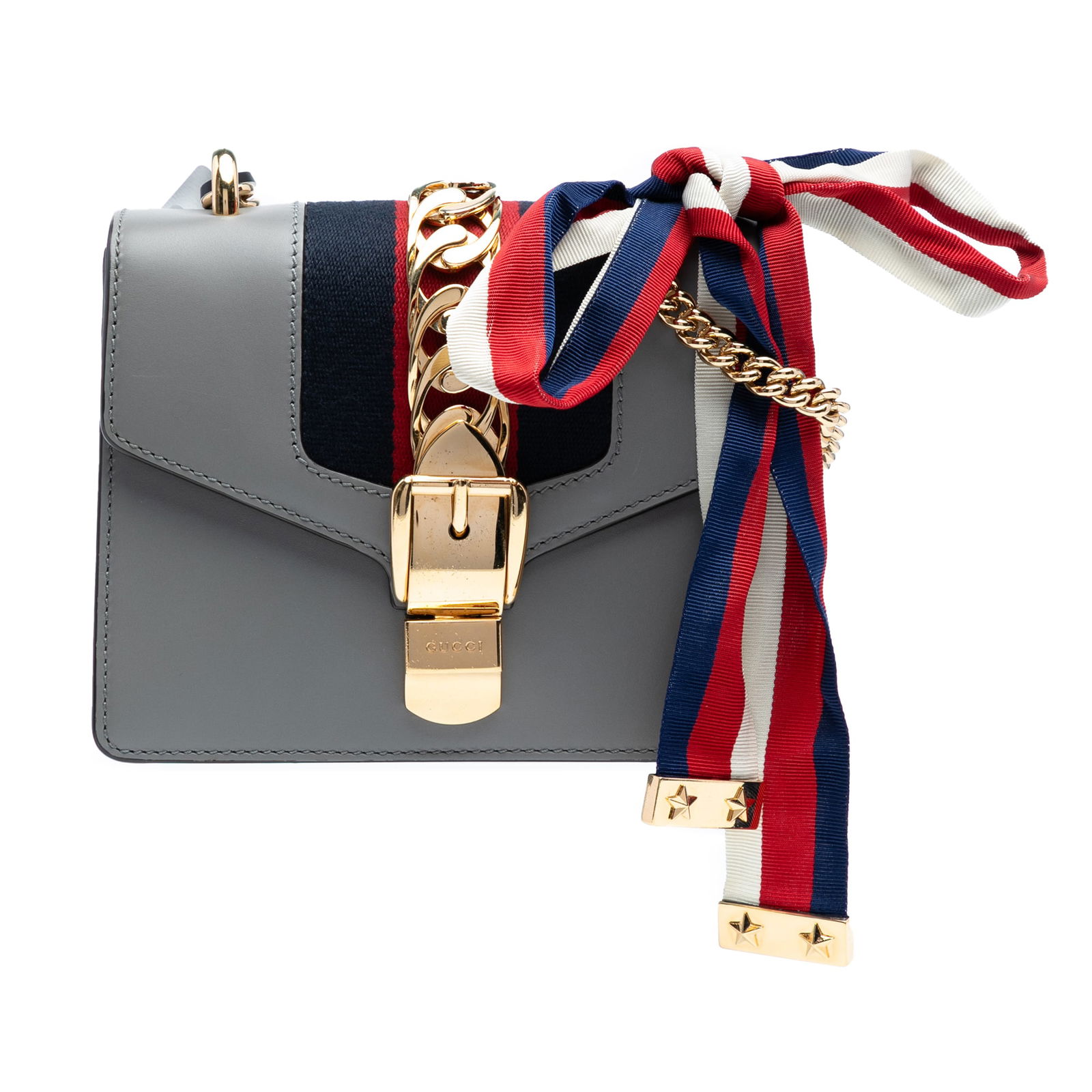 Gucci Mini Leather Web Sylvie Chain Crossbody Bag Gray: Gucci Mini Leather Web Sylvie Chain Crossbody Bag Gray Introducing the Gucci Mini Leather Web Sylvie Chain Crossbody, a chic accessory that combines functionality with style. This elegant bag features
