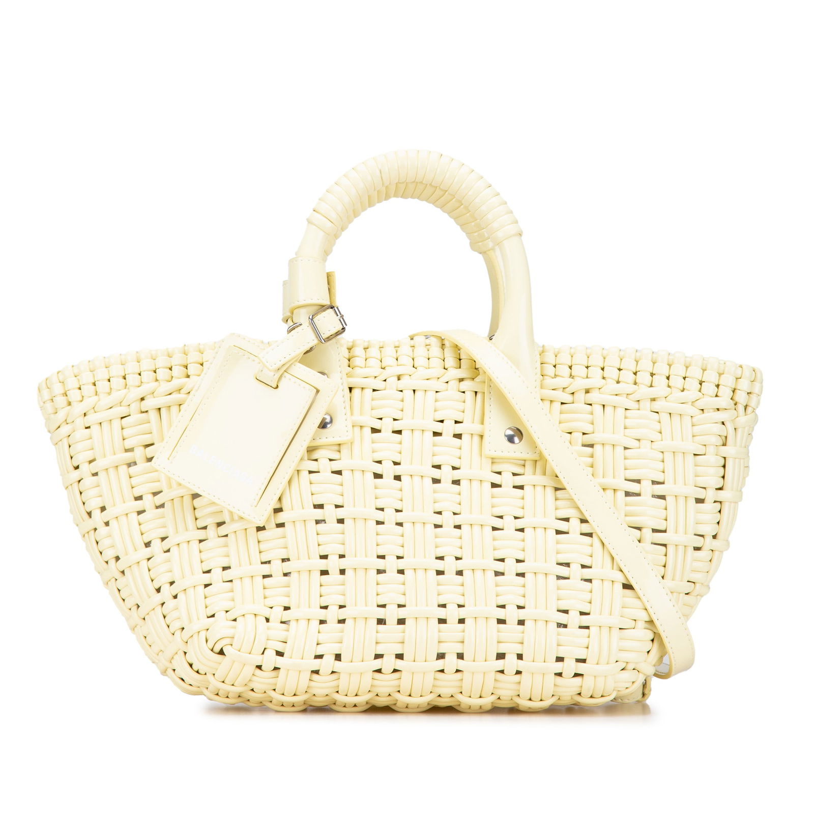 Balenciaga Faux Leather Bistro Panier XS Yellow Satchel Bag: Balenciaga Faux Leather Bistro Panier XS Yellow Satchel Bag Introducing the Balenciaga Faux Leather Bistro Panier XS, a stylish satchel crafted from woven polyurethane. This chic bag features rolled h