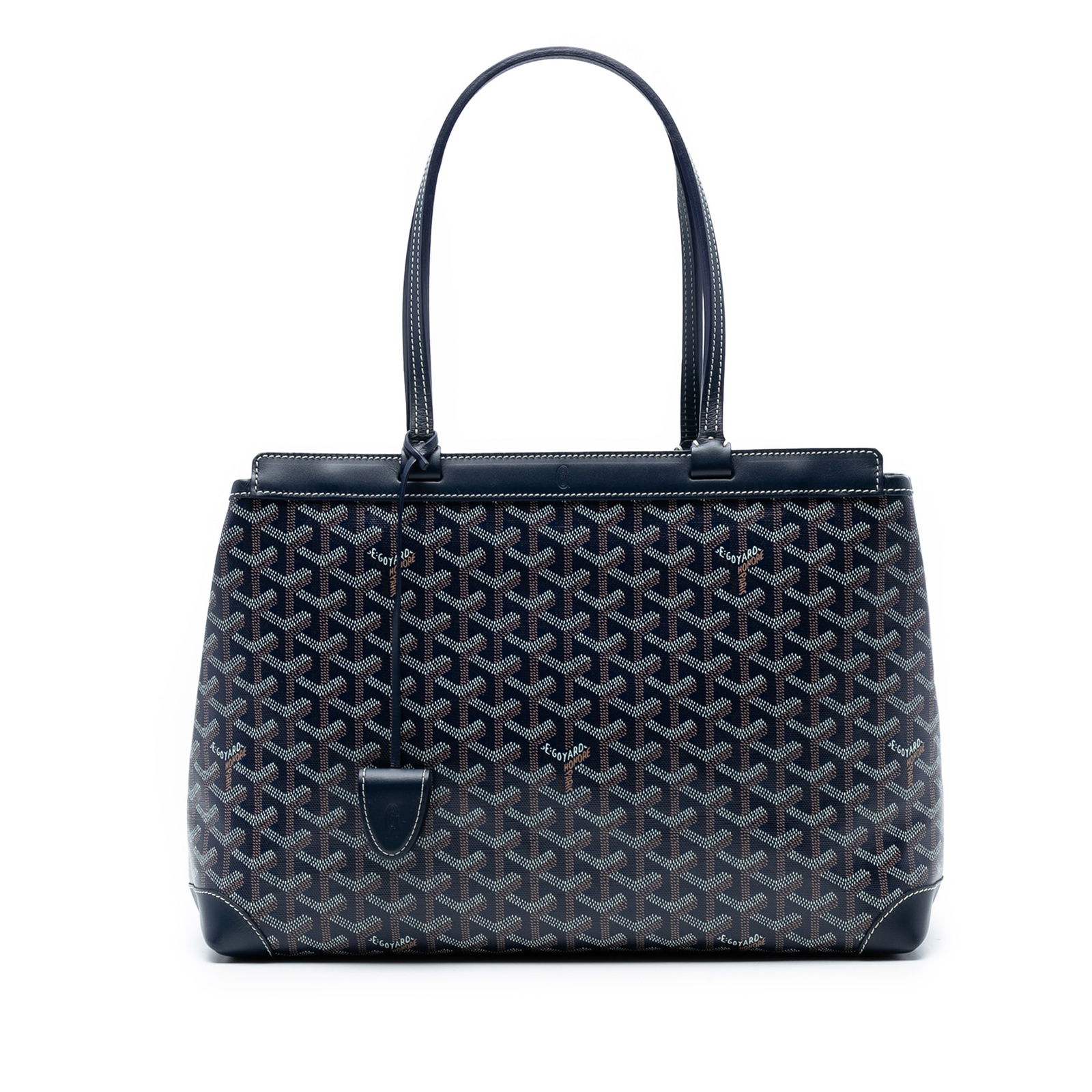Goyard Goyardine Bellechasse PM Coated Canvas Handbag Blue: Goyard Goyardine Bellechasse PM Coated Canvas Handbag Blue Introducing the Goyardine Bellechasse PM, a stylish and functional handbag crafted from durable coated canvas with elegant leather trim. This