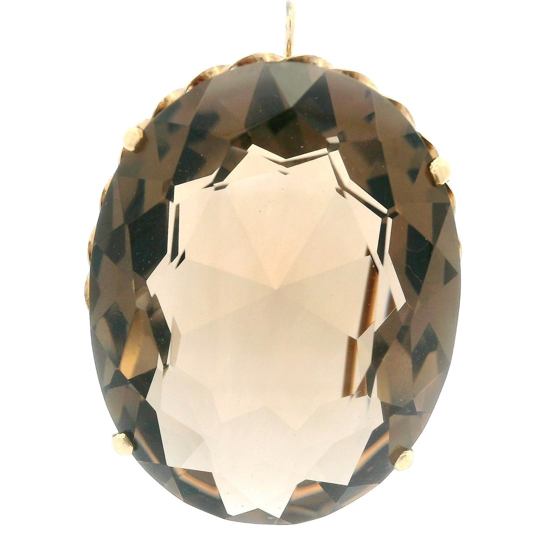 Vintage 14k Yellow Gold Smoky Quartz Twisted Wire Brooch Pendant: Vintage 14k Yellow Gold Smoky Quartz Twisted Wire Brooch Pendant This exquisite vintage piece features a stunning large smoky quartz crafted in solid 14k yellow gold. The oval brilliant cut smoky quar