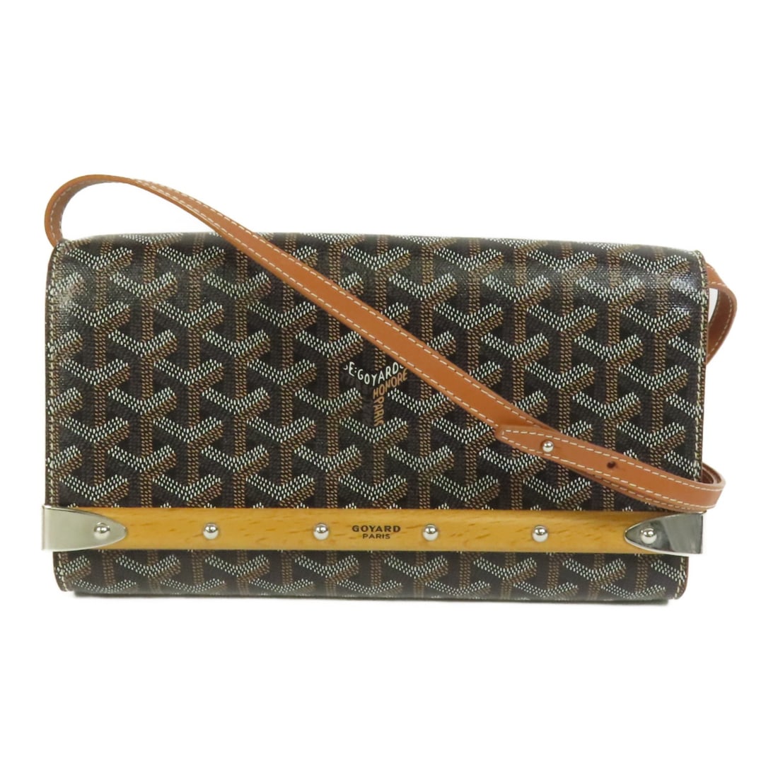 GOYARD Monte-Carlo PM Black Coated Canvas Shoulder Bag: GOYARD Monte-Carlo PM Black Coated Canvas Shoulder Bag Introducing the Goyard Monte-Carlo PM Shoulder Bag, a stylish accessory crafted from durable PVC coated canvas. This shoulder bag features a slee