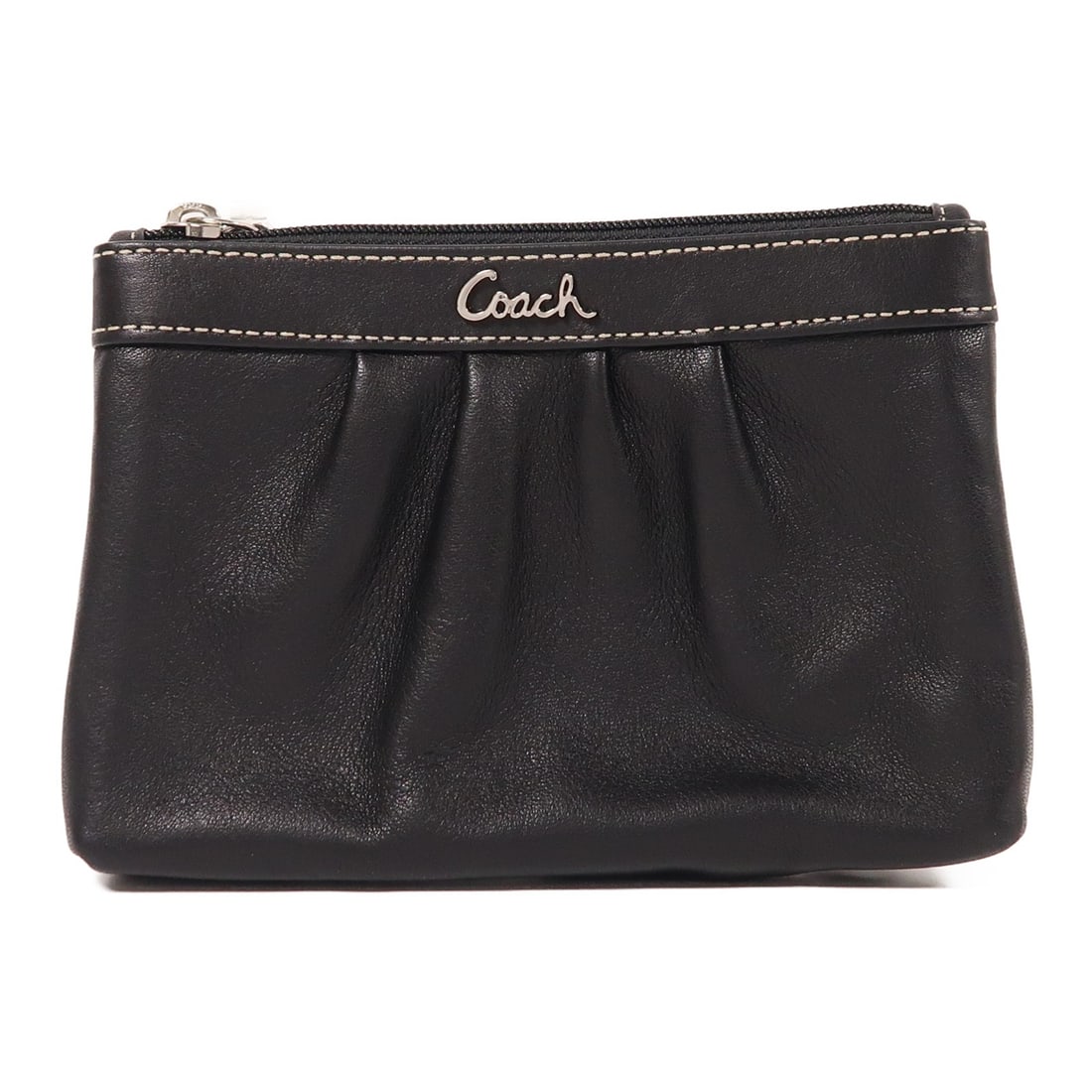 COACH F43431 Black Calfskin Leather Clutch Bag: COACH F43431 Black Calfskin Leather Clutch Bag This stylish COACH clutch bag pouch is crafted from high-quality calfskin leather in a sleek black color. Its compact design features a height of 4.3 inc