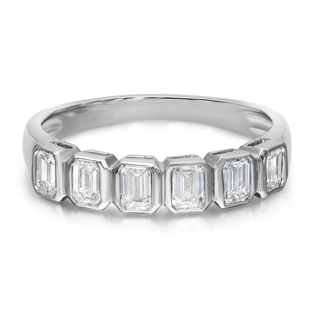 Rachel Koen 18K White Gold Diamond Band Ring 0.71Cttw Emerald Cut: Rachel Koen 18K White Gold Diamond Band Ring 0.71Cttw Emerald Cut This stunning Rachel Koen ring is crafted from high-polished 18K white gold and features six bezel-set emerald cut diamonds, totaling