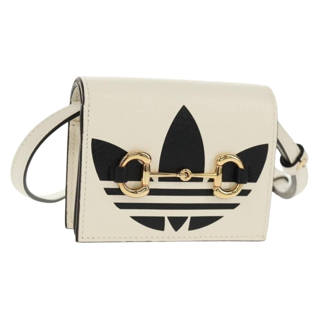 Gucci x Adidas Leather Horsebit Shoulder Wallet Bag White Gold 702248: Gucci x Adidas Leather Horsebit Shoulder Wallet Bag White Gold 702248 This Gucci Horsebit shoulder wallet is crafted from leather and is part of a collaboration with Adidas. Featuring a white and gold