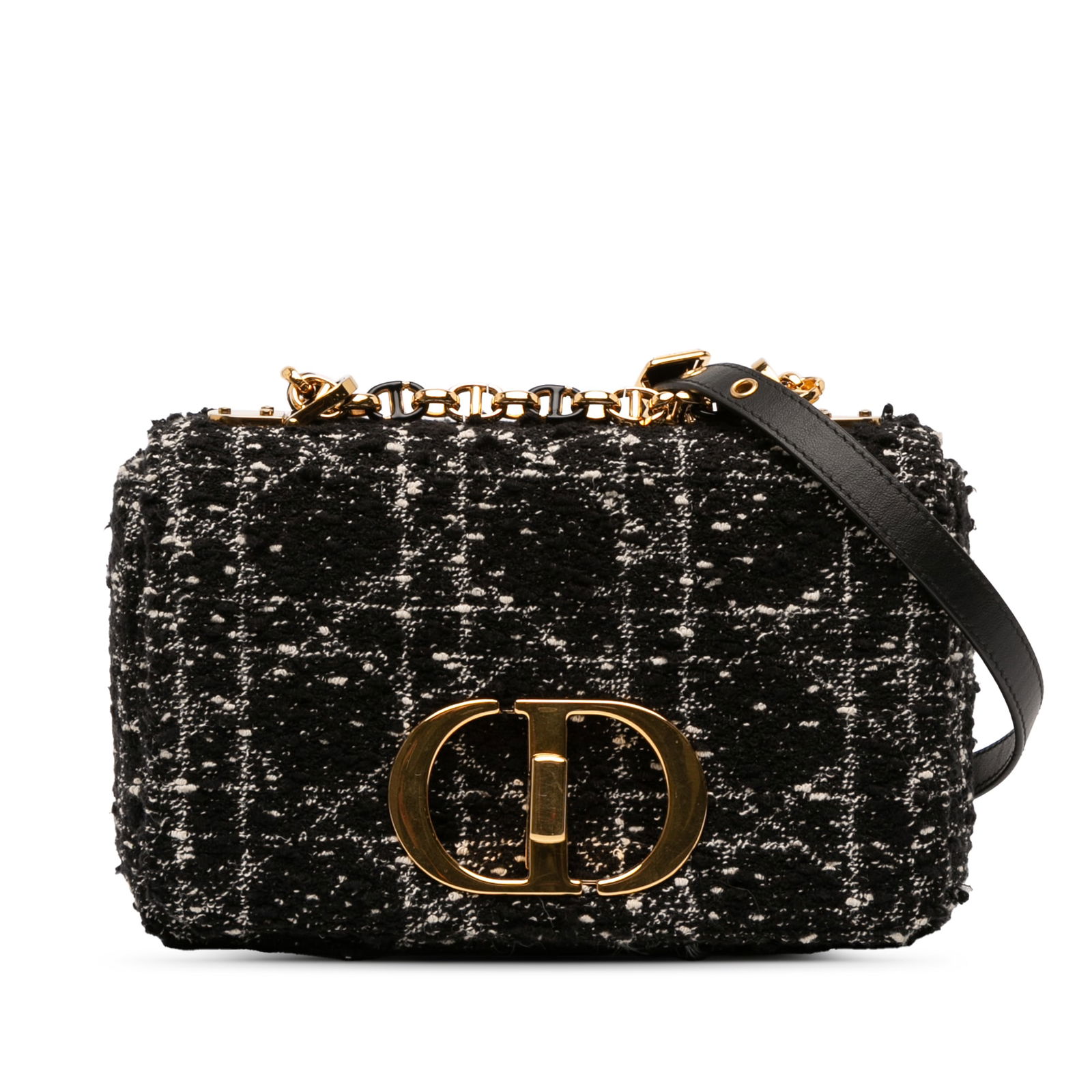 Dior Small Black Tweed Macrocannage Caro Bag with Chain Strap: Dior Small Black Tweed Macrocannage Caro Bag with Chain Strap The Dior Small Tweed Macrocannage Caro Bag showcases a sophisticated design crafted from quilted tweed. It features a stylish flat leather
