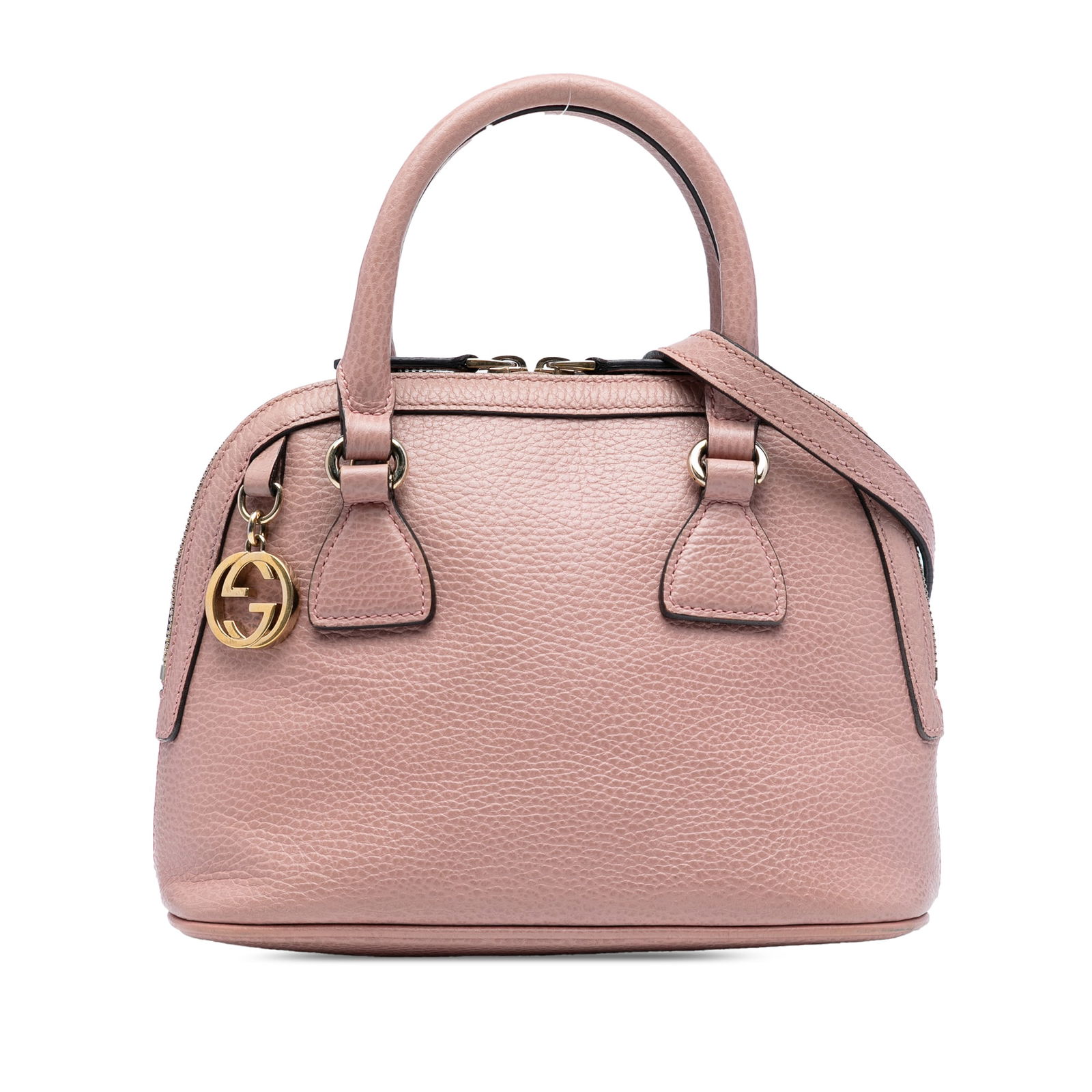 Gucci Mini Leather GG Charm Satchel in Pink with Adjustable Strap: Gucci Mini Leather GG Charm Satchel in Pink with Adjustable Strap Introducing the Gucci Mini Leather GG Charm Dome Satchel, a chic and sophisticated bag designed for the modern woman. This stylish sat
