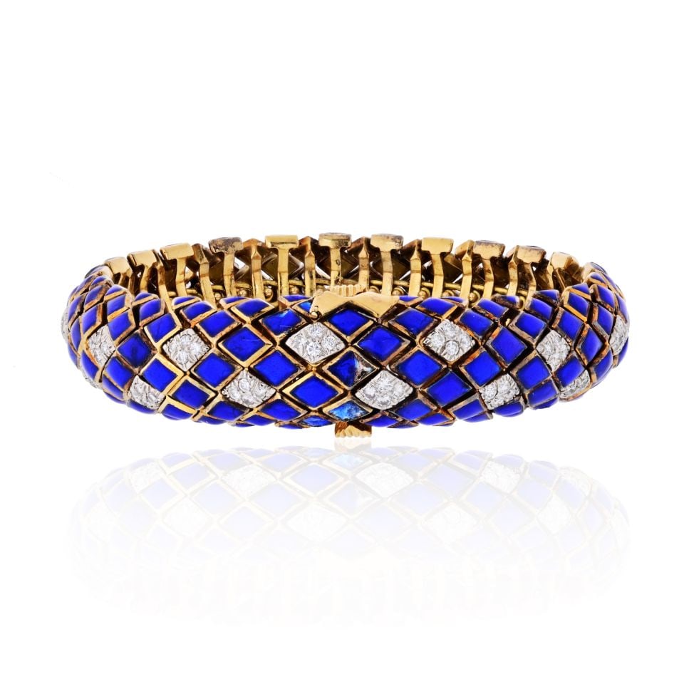 David Webb 18K Gold & Platinum Blue Enamel Diamond Bracelet 2.30ct: David Webb 18K Gold & Platinum Blue Enamel Diamond Bracelet 2.30ct This exquisite bracelet by David Webb showcases a stunning combination of platinum and 18K yellow gold, featuring a unique design wit