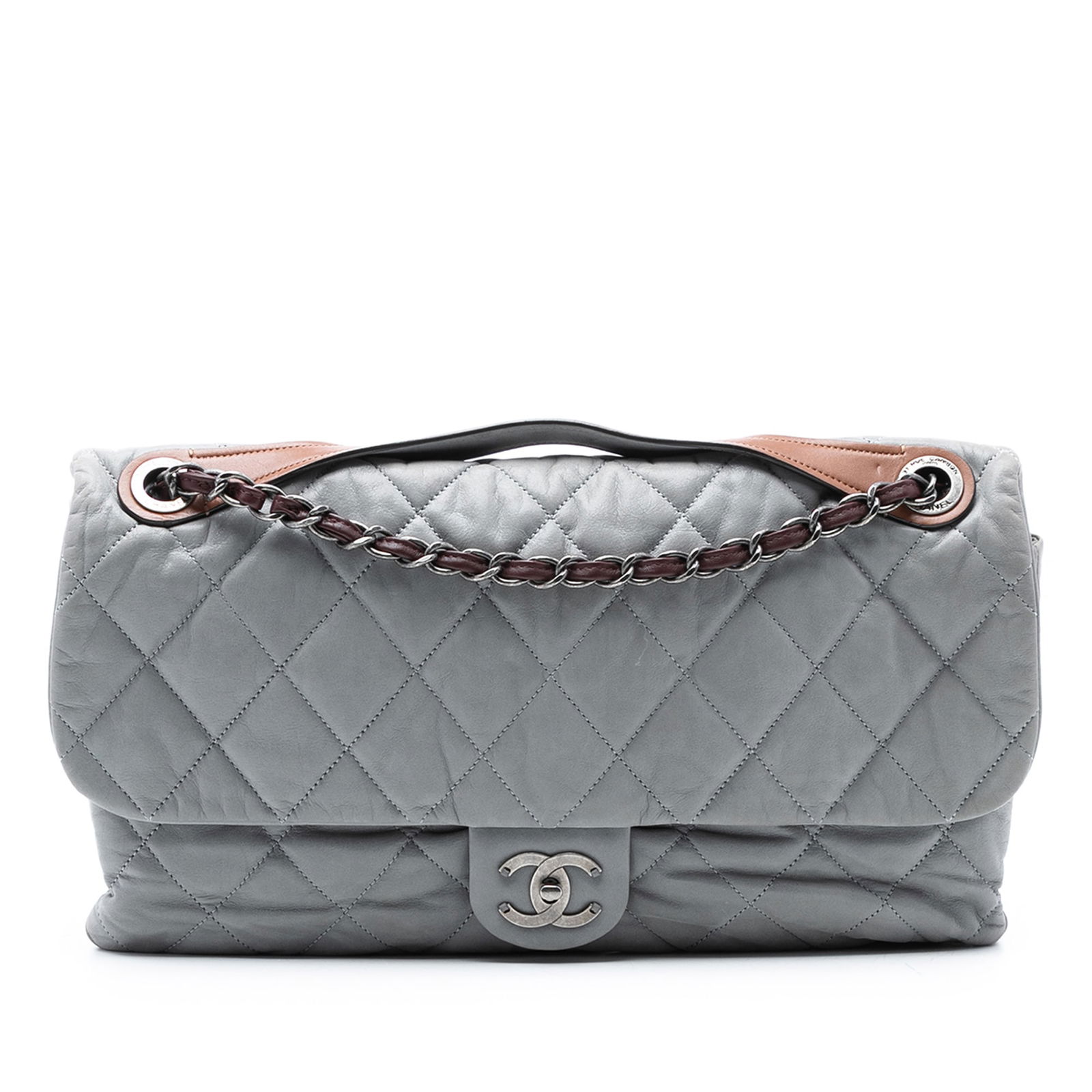 Chanel In The Mix Jumbo Iridescent Calfskin Quilted Flap Bag Gray: Chanel In The Mix Jumbo Iridescent Calfskin Quilted Flap Bag Gray This Chanel Jumbo Iridescent Calfskin In The Mix Flap satchel features a quilted leather body in gray, a flat top handle, a leather-wo
