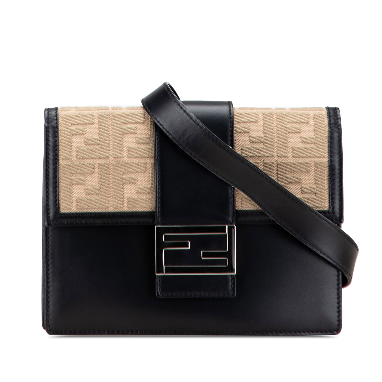Fendi FF 1974 Flat Baguette Crossbody Bag in Black Calfskin and Canvas (1 of 10)