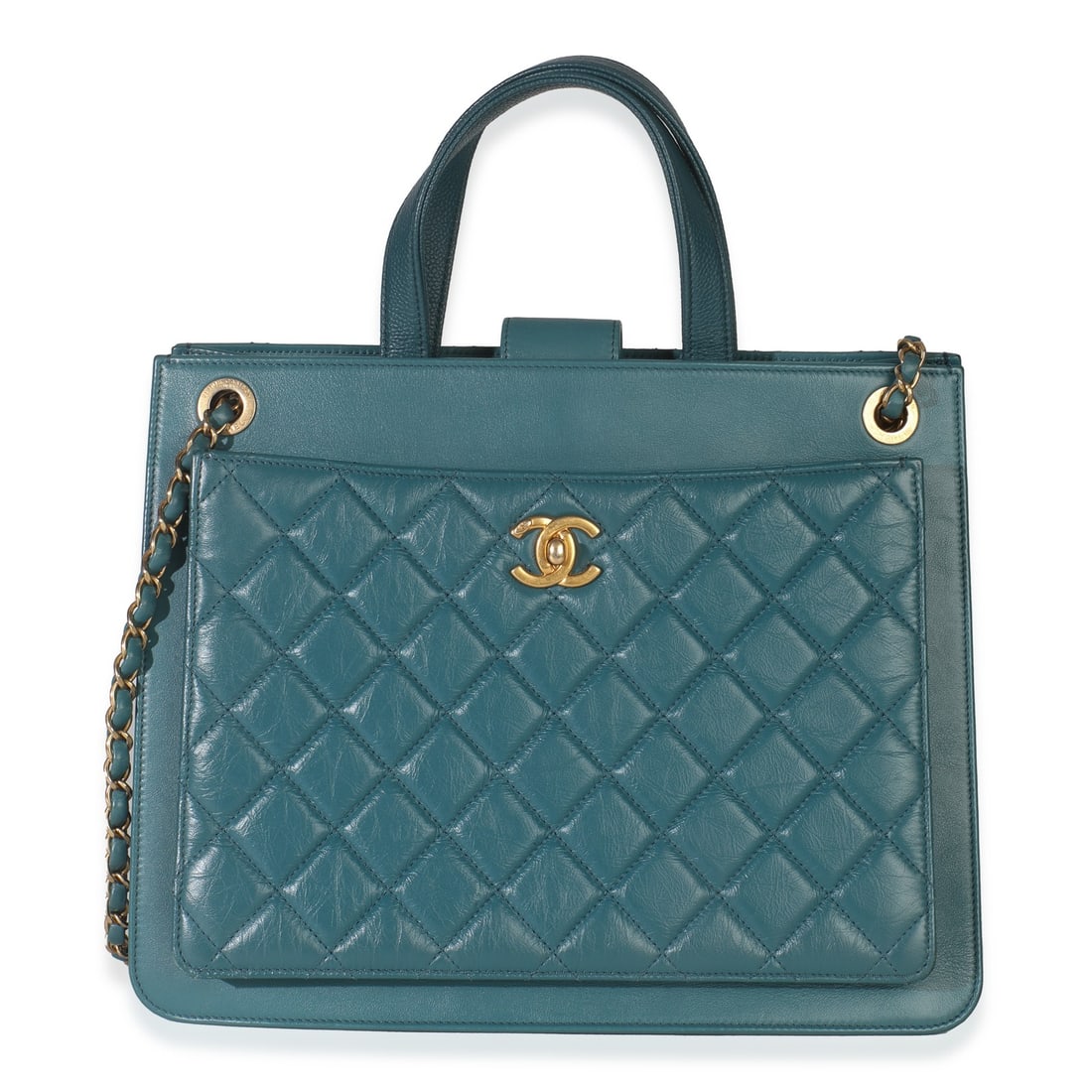 Chanel Teal Calfskin Large Business Affinity Shoulder Bag with Authenticity Card: Chanel Teal Calfskin Large Business Affinity Shoulder Bag with Authenticity Card This exquisite Chanel Large Business Affinity Shopping Bag features a stunning teal quilted calfskin exterior, perfect