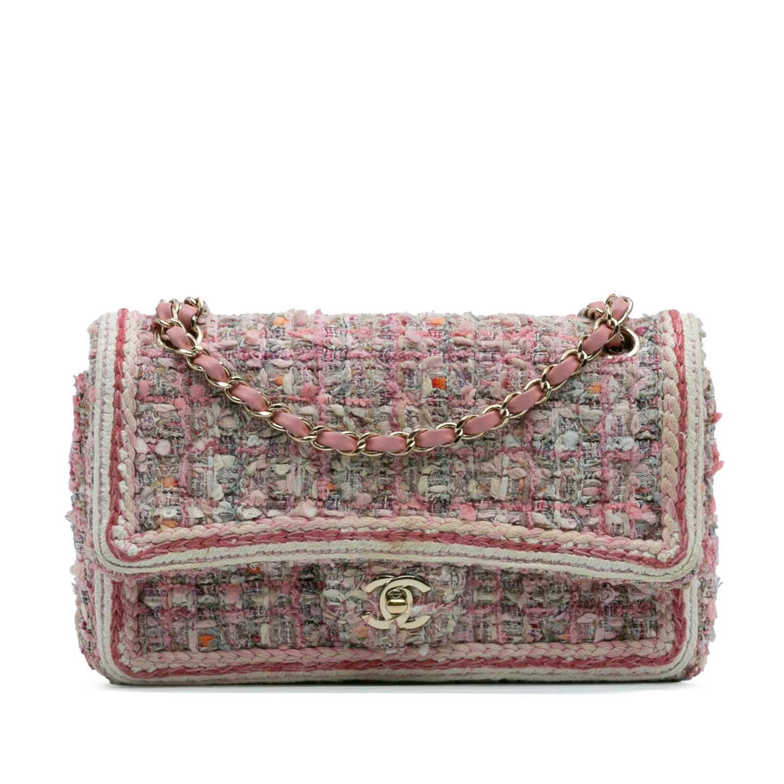 Chanel Medium Classic Tweed Braided Double Flap Bag Pink (1 of 12)