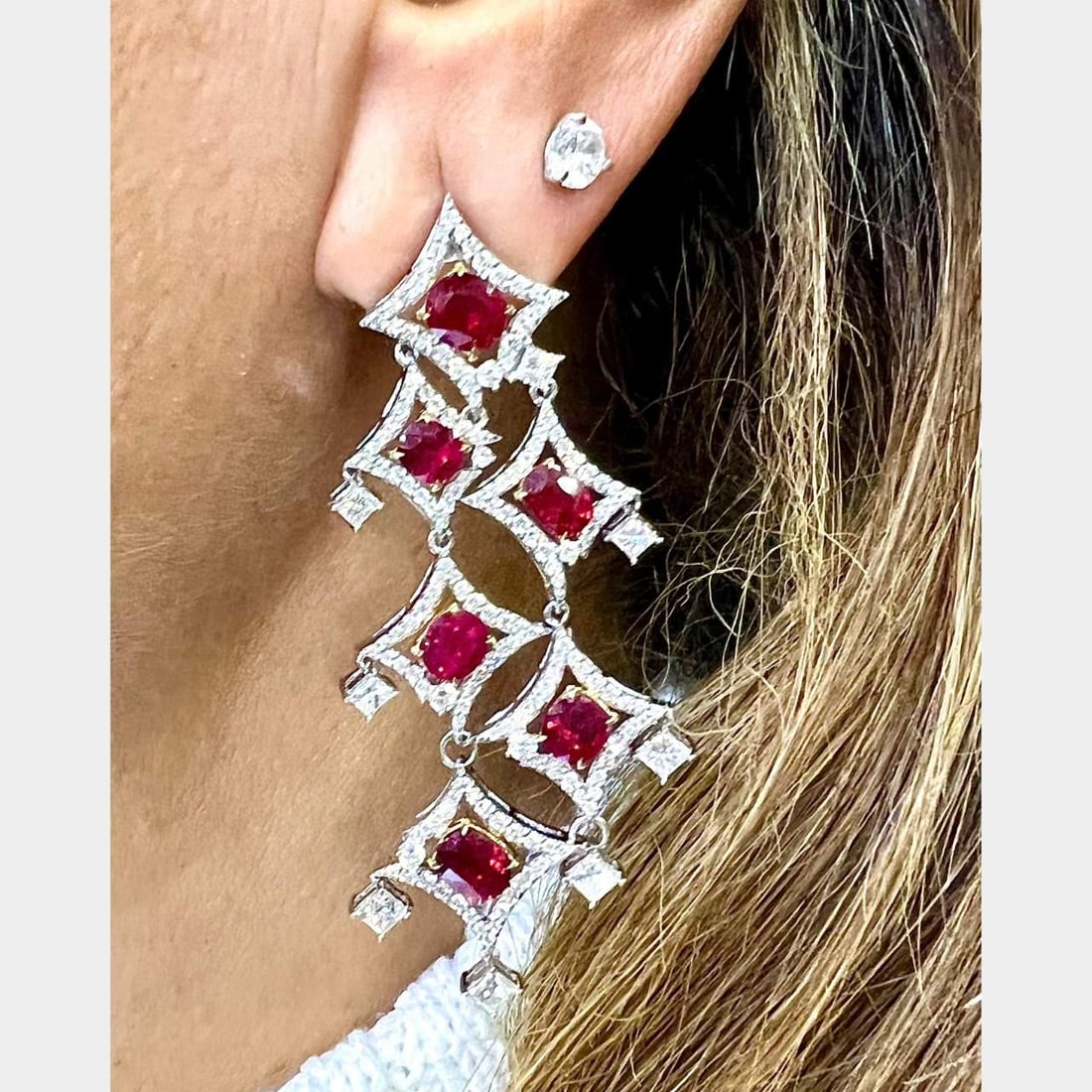 18K White Gold Certified Burma Ruby Diamond Earrings Pigeon's Blood (1 of 8)
