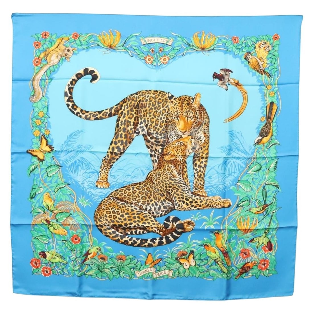 HERMES Jungle Love Scarf 90cm Blue Silk Authentic France (1 of 15)