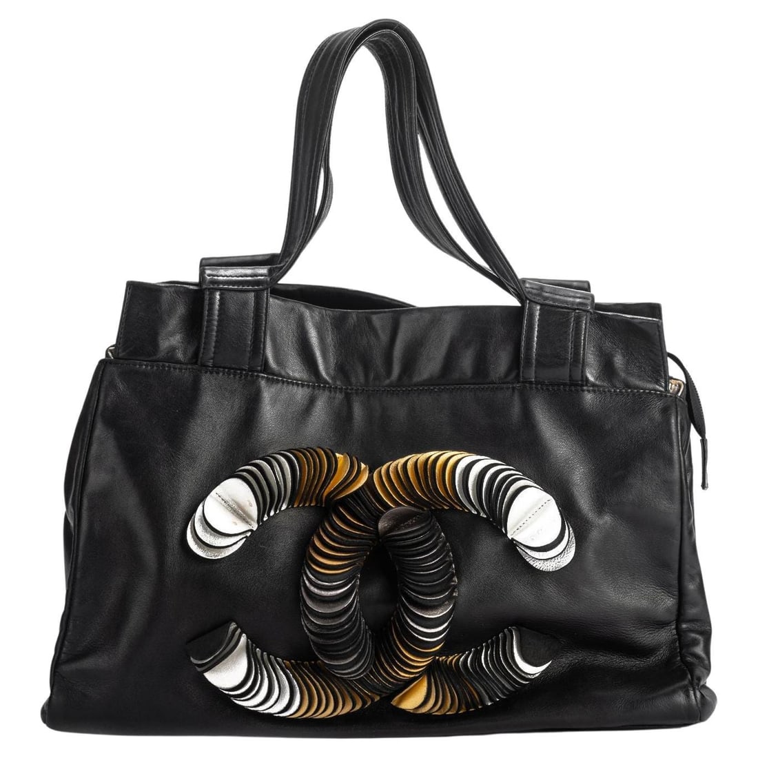 Chanel Black Lambskin Shoulder Bag with Gold Logo Discs: Chanel Black Lambskin Shoulder Bag with Gold Logo Discs Elevate your accessory collection with this stunning Chanel Black CC Logo Discs Shoulder Bag. Crafted from luxurious black lambskin, this should