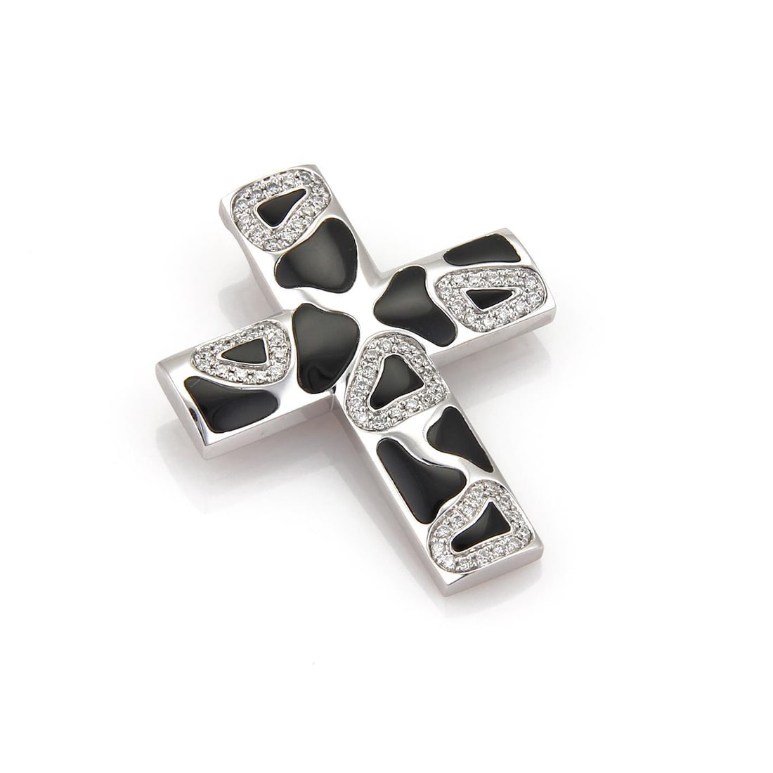 Roberto Coin Panda Cross Pendant 18k White Gold Onyx Diamonds: Roberto Coin Panda Cross Pendant 18k White Gold Onyx Diamonds This exquisite pendant from Roberto Coin's PANDA collection showcases a striking cross design crafted from 18k white gold with a high poli
