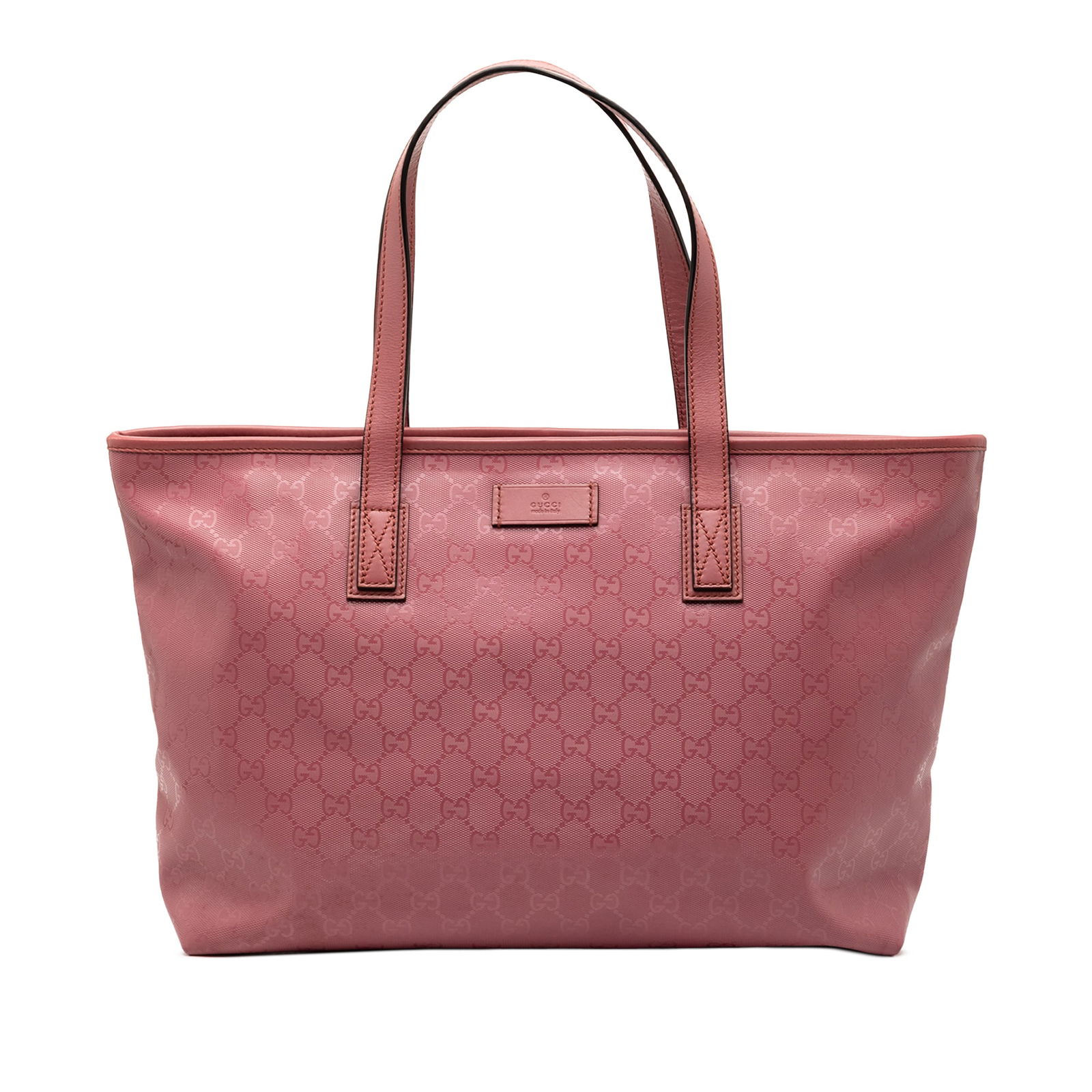 Pink Gucci GG Imprime Medium Tote Bag with Leather Trim: Pink Gucci GG Imprime Medium Tote Bag with Leather Trim This Gucci Medium GG Imprime Tote features a coated canvas body with leather trim, flat leather handles, a top zip closure, and interior zip and